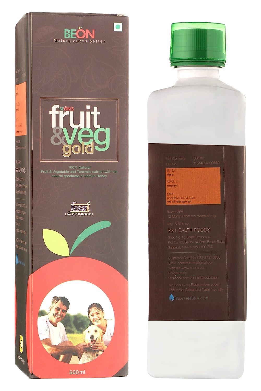 BEON Nature cures better BEON Fruit & Veg Gold with 100% Pure Natural Mixture of Seven Elements Turmeric, Garlic, Ginger, Lemon, Apple Cider Vinegar with Mother, Cinnamon & Jamun Honey - 500 ML (Pack of 2)