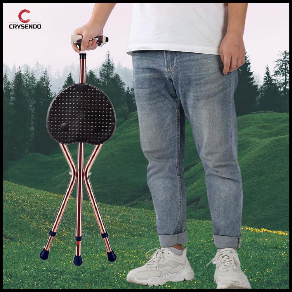 CRYSENDO Crysendo Walking Stick Cum Seat for Elders | Chair Folding Durable & Comfortable Cane Stool | Easy Carry Cane Chair Travel Hiking Hand Stick Cum Stool (LED Black)