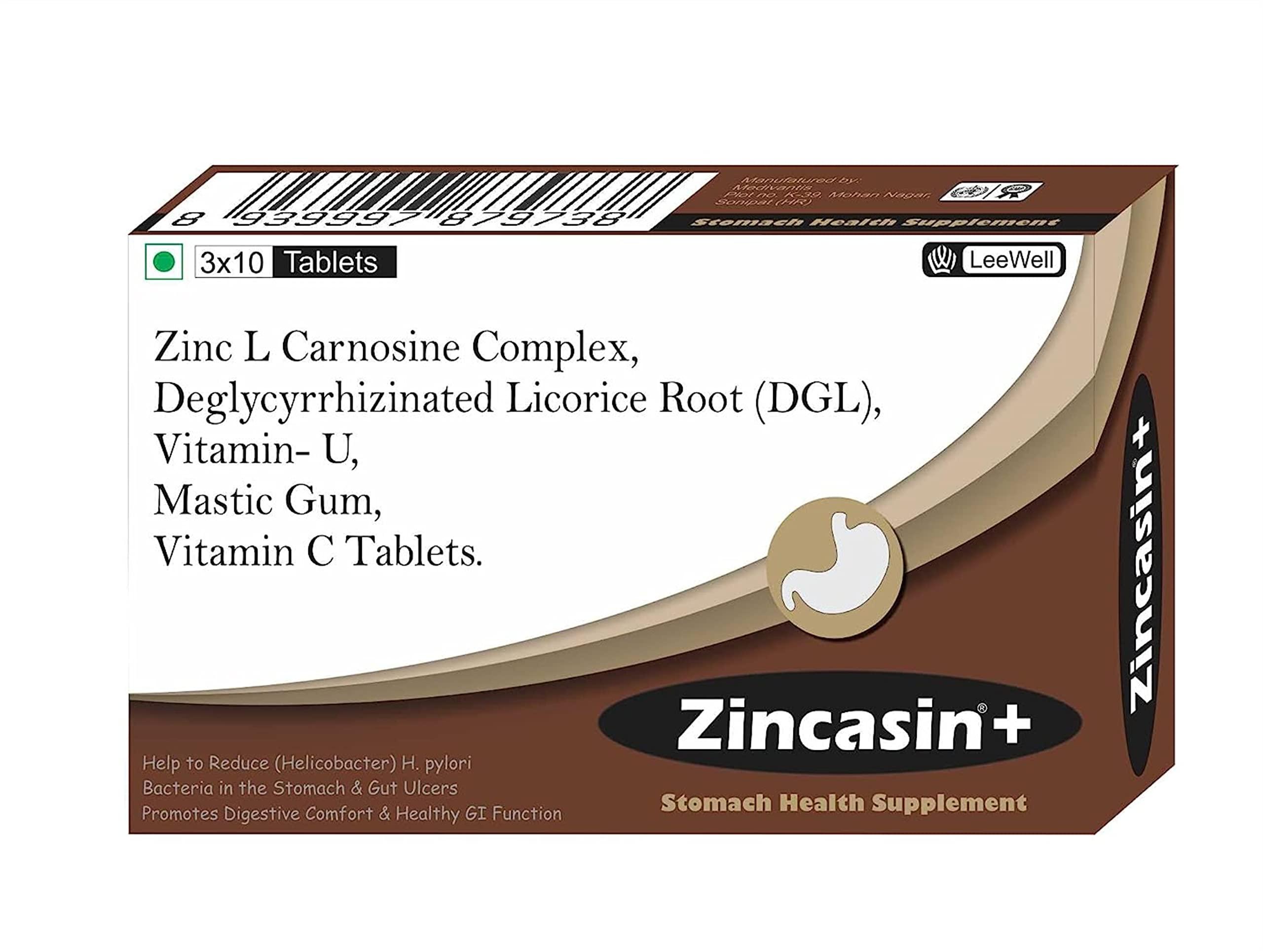 Zincasin zincasin +plus Zinc L carnosine, Vitamin U, DGL Deglycyrrhizinated Licorice Root, Mastic gum Supplements | Gastric Reflux, IBS, H pylori, Bloating, Gut health Support - 60 tablets