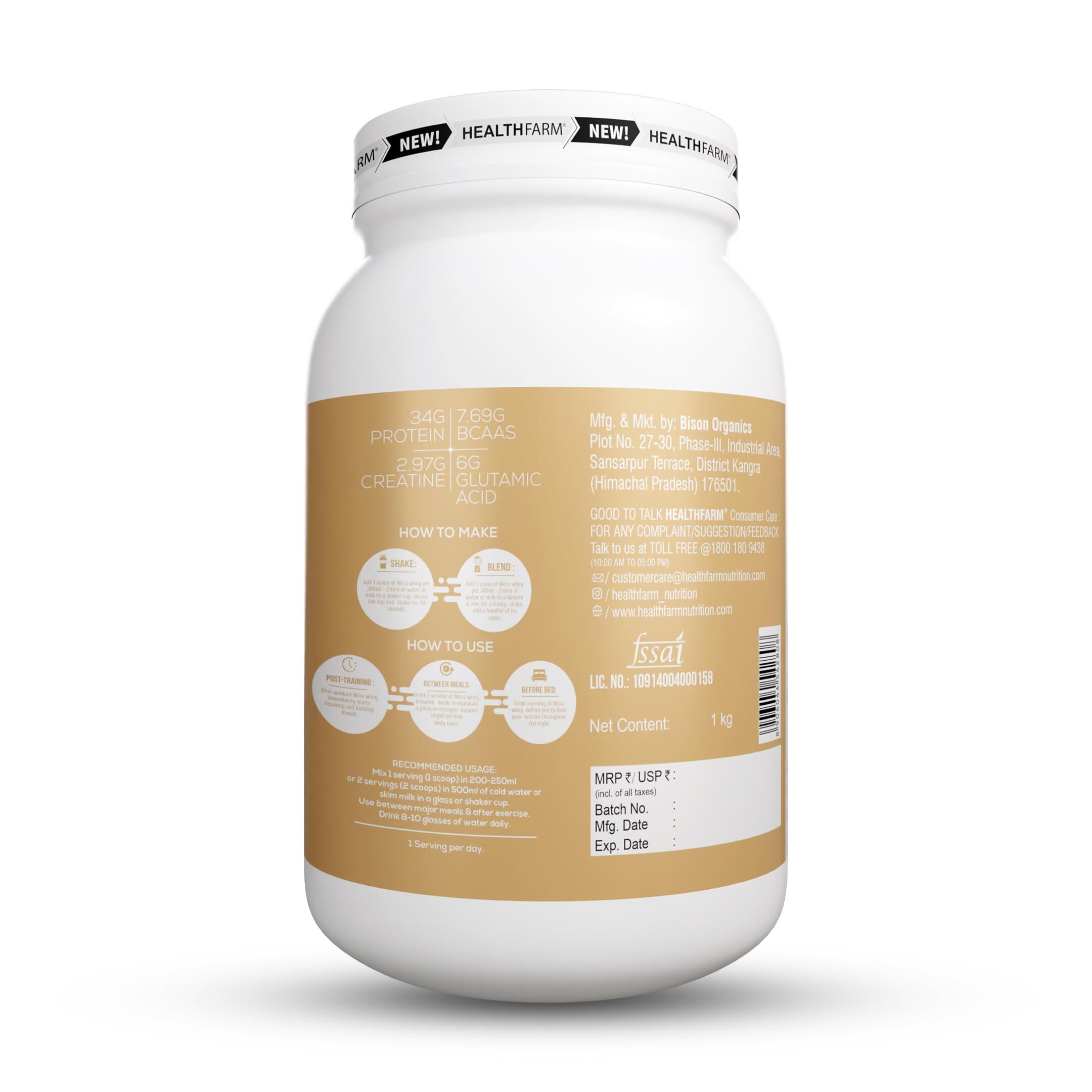 HEALTHFARM Healthfarm Nitra Whey Protein | 34g Protein Per Serving & 3g Added Creatine | Blend of Isolate & Concentrate Protein (Gourmet Coffee, 1kg)