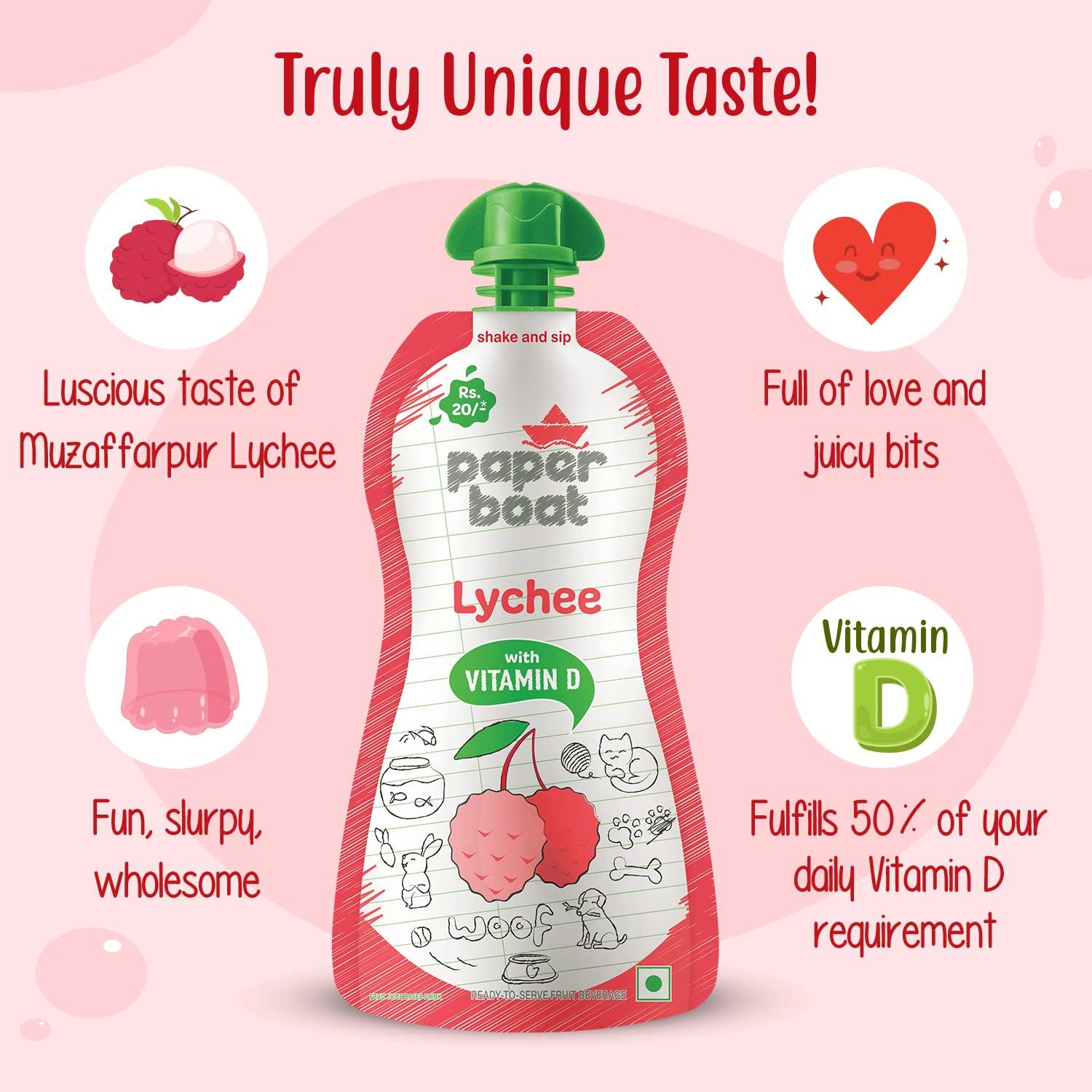 Paper Boat Paper Boat Lychee Juice, Litchi Jelly Drink Enriched with Vitamin D, No Added Preservatives and Colours (Pack of 9, 150ml each), Pink