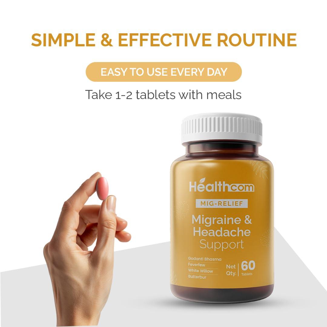Healthcom Healthcom Herbal Ayurvedic MIG-RELIEF 60 Tablets Pack | Migraine & Headache Relieve Supplement Men & Women | Reduces Migraine, Non-Drowsy | For Optimal brain health | Helps in Reduces Frequency