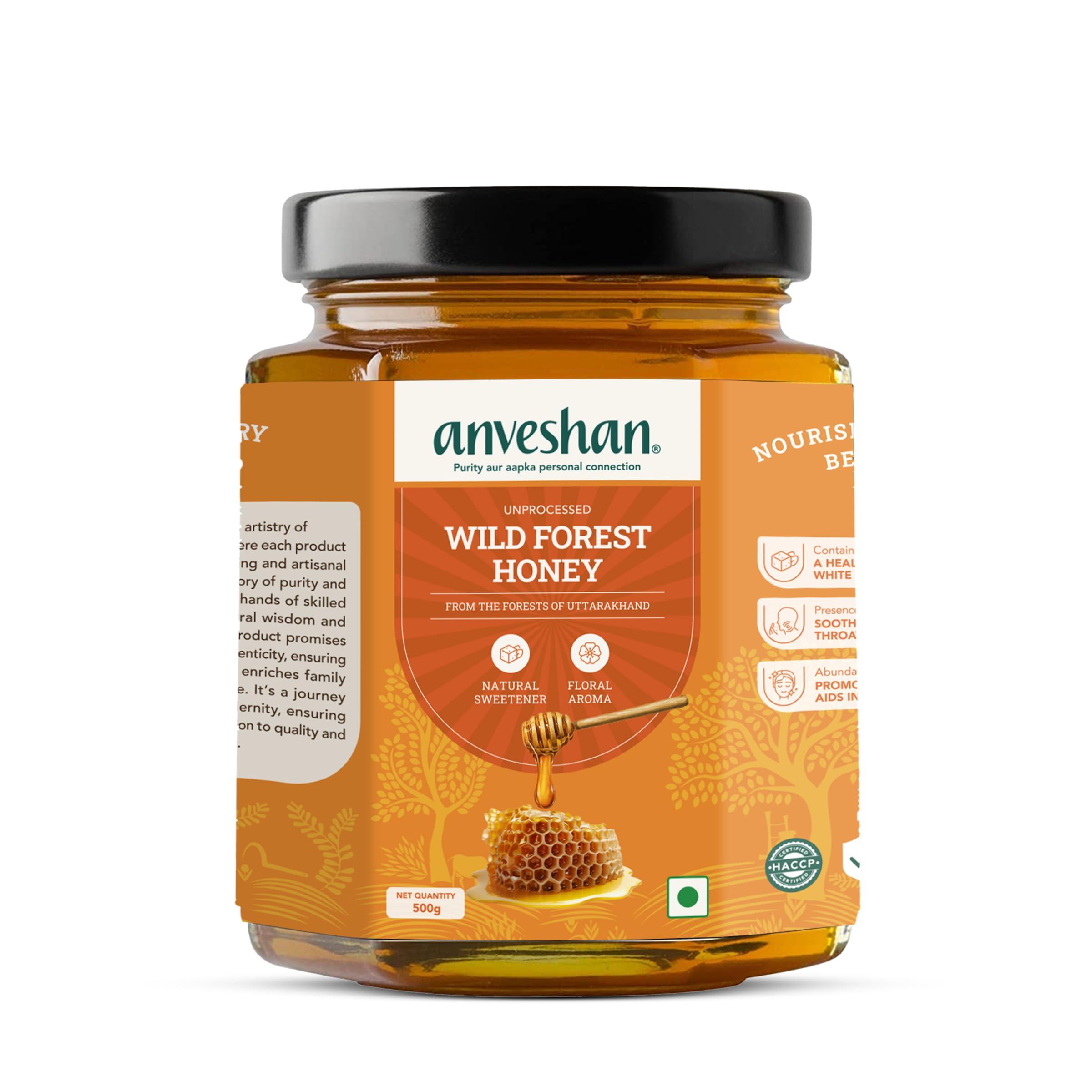 Anveshan Empowering farmers with technology Anveshan Wild Forest Honey 500g | Glass Jar | NMR tested | Raw & Unprocessed | No Added Sugar | Immunity Boosting