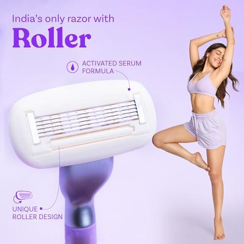 BOMBAE Bombae Rollplay Glow Body Razor | India\'s only razor with roller | Aloe vera, Vit E, Jojoba oil infused | 1 Razor + 1 Magic Holder | Hair Removal Razor For Women | 2x smoother and long lasting | Curve-friendly, smooth & hassle-free