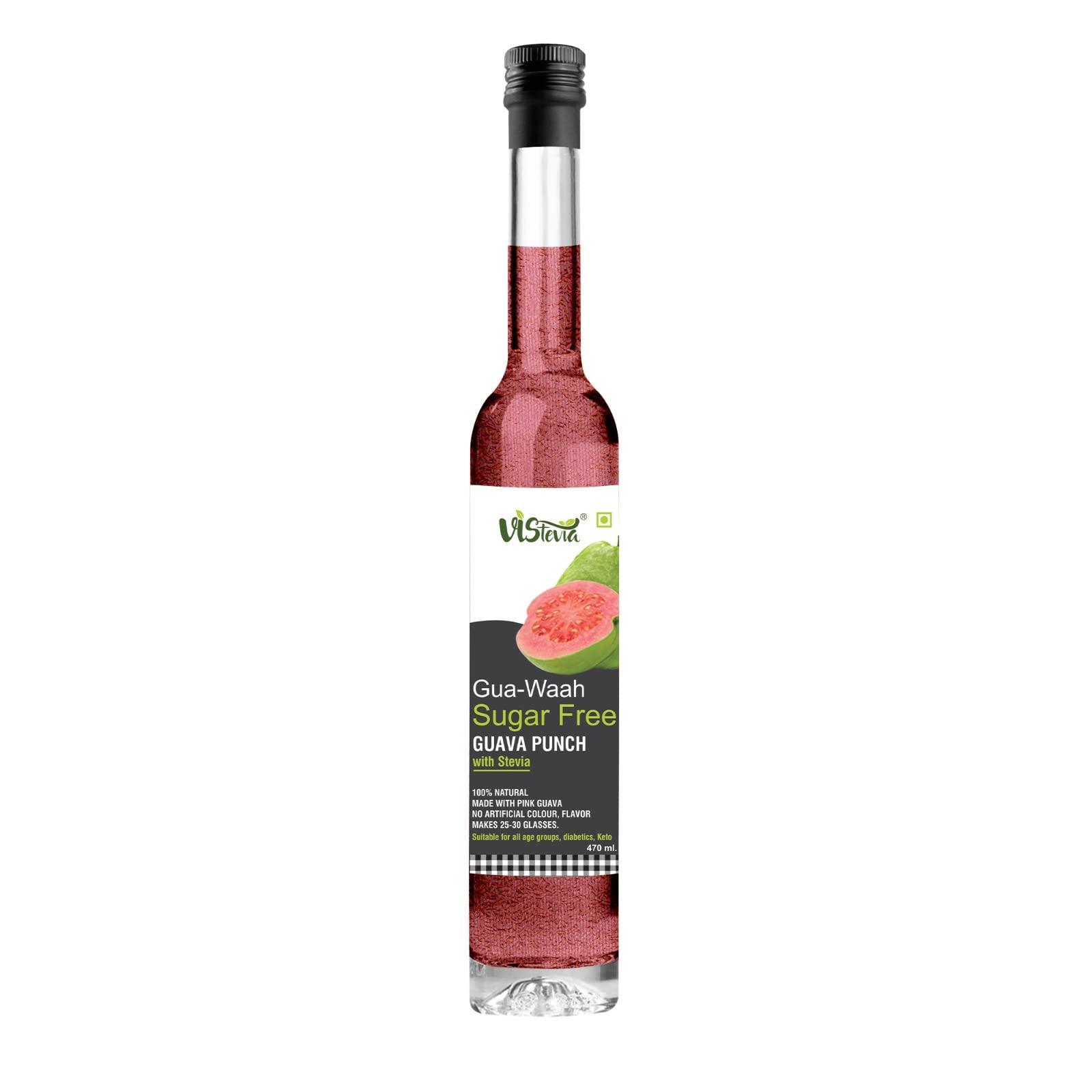 VISTEVIA VIStevia Gua-Waah! Sugar-free Guava Punch Syrup, Diabetic And Keto Friendly - Sweetened Naturally With Stevia, Made With Real Pink Guava Pulp Not Flavour And Colour - Pack Of 1 (470ML) Serves 25-30 Glasses
