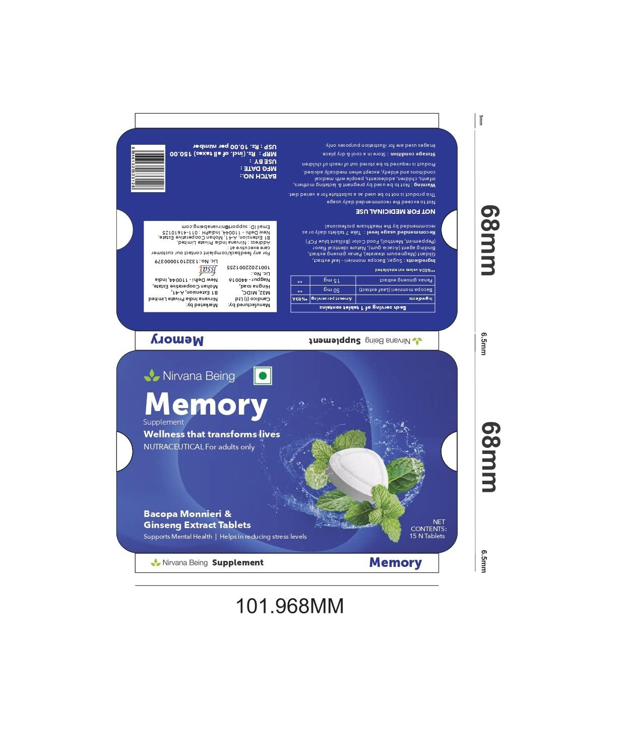 Nirvana Being Nirvana Being Memory Health Supplement Chewable Tablet to Enhance Memory & Alertness | Reduces Stress/Anxiety | 15 Tablet each pack | Memory Tablet | Pack of (1)