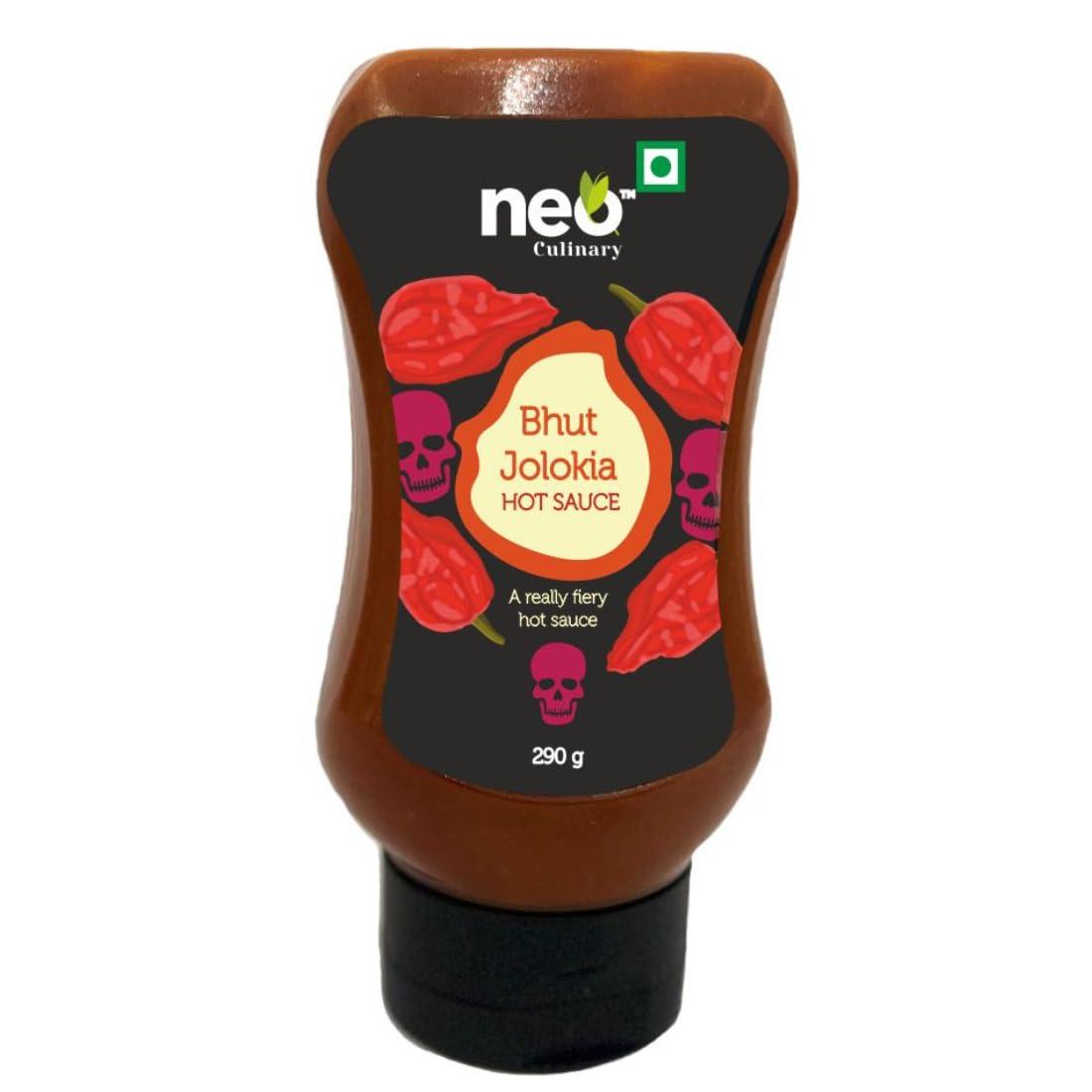 Neo Neo Bhut Hot Sauce 290g I Made of Ghost Peppers (Bhut Jolokia) I P1 I Extra Spicy Chilli Sauce I Topping & Dip for Snacks, Mix with Cheese, Mayonnaise I Ready to Eat Food I Farm Fresh I 100% Vegan I 290g (Pack of 1)