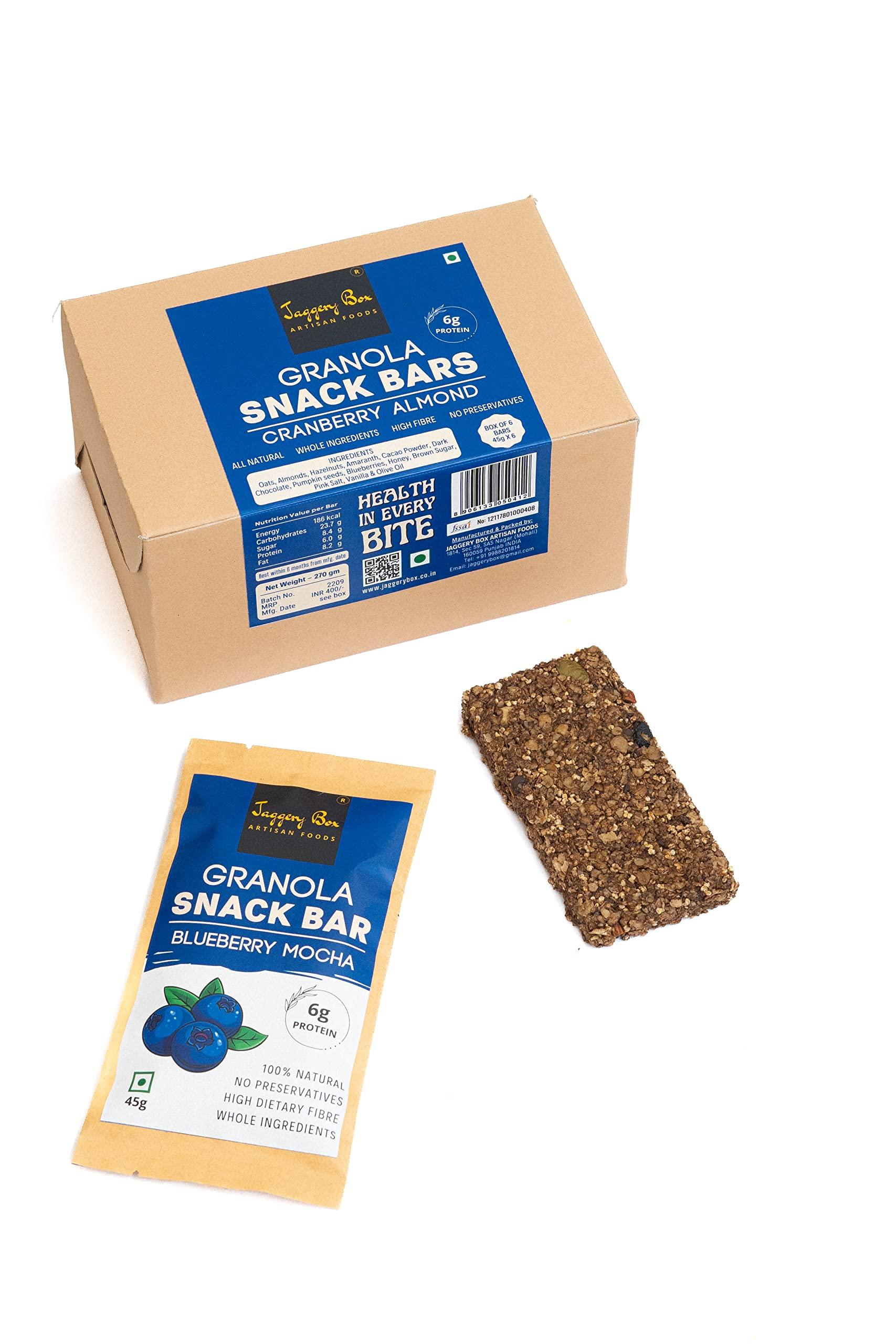 JAGGERY BOX Jaggery Box Blueberry Mocha Granola Snack Bar | All Natural with Wholegrains & Honey | No Preservatives & Artificial Flavours | 270g, Pack of 6 bars