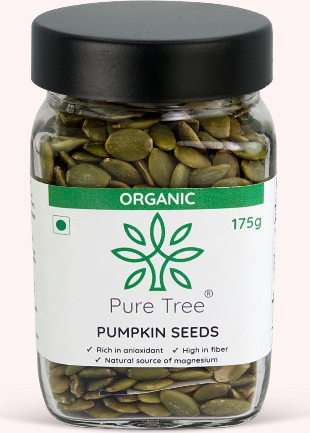 Pure Tree Pure Tree Certified Organic Pumpkin Seeds | 175 g | Glass Jar | Kaddu ke Beej | Organic Seeds for Eating Good Source Of Omega 3 | Raw Pumpkin Seeds Organic Superfood
