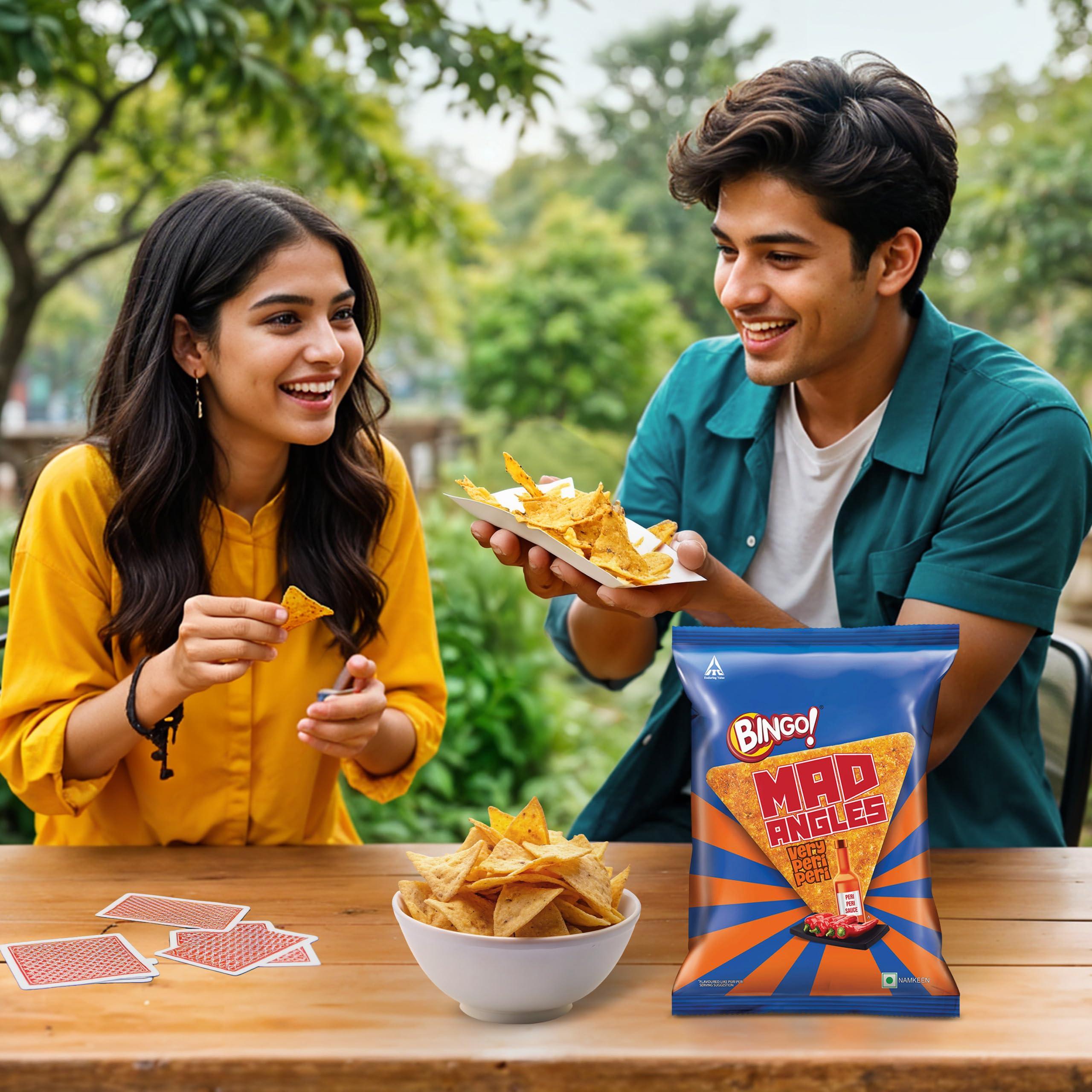 Bingo! Bingo Mad Angles Very Peri Peri - Spicy & Crunchy Corn-Based Triangle Chips Pack For Snacks 117 Gram/130 Gram