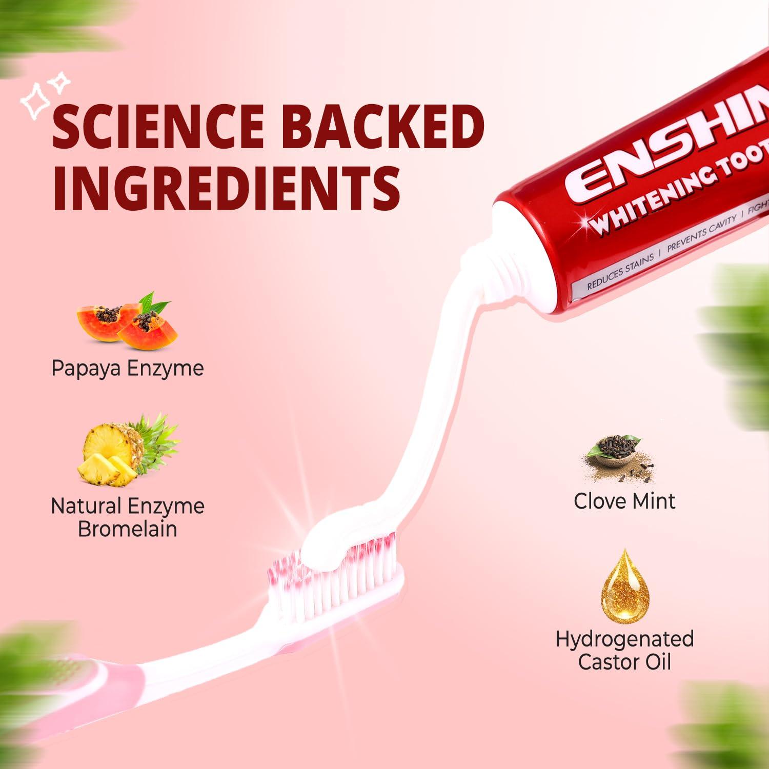 ENSHINE Enshine Teeth Whitening Toothpaste | With Papaya Enzyme & Bromelain | Removes Stains & Prevents Discoloration | Non-Toxic & Cruelty-Free Pack of 3(100gm)