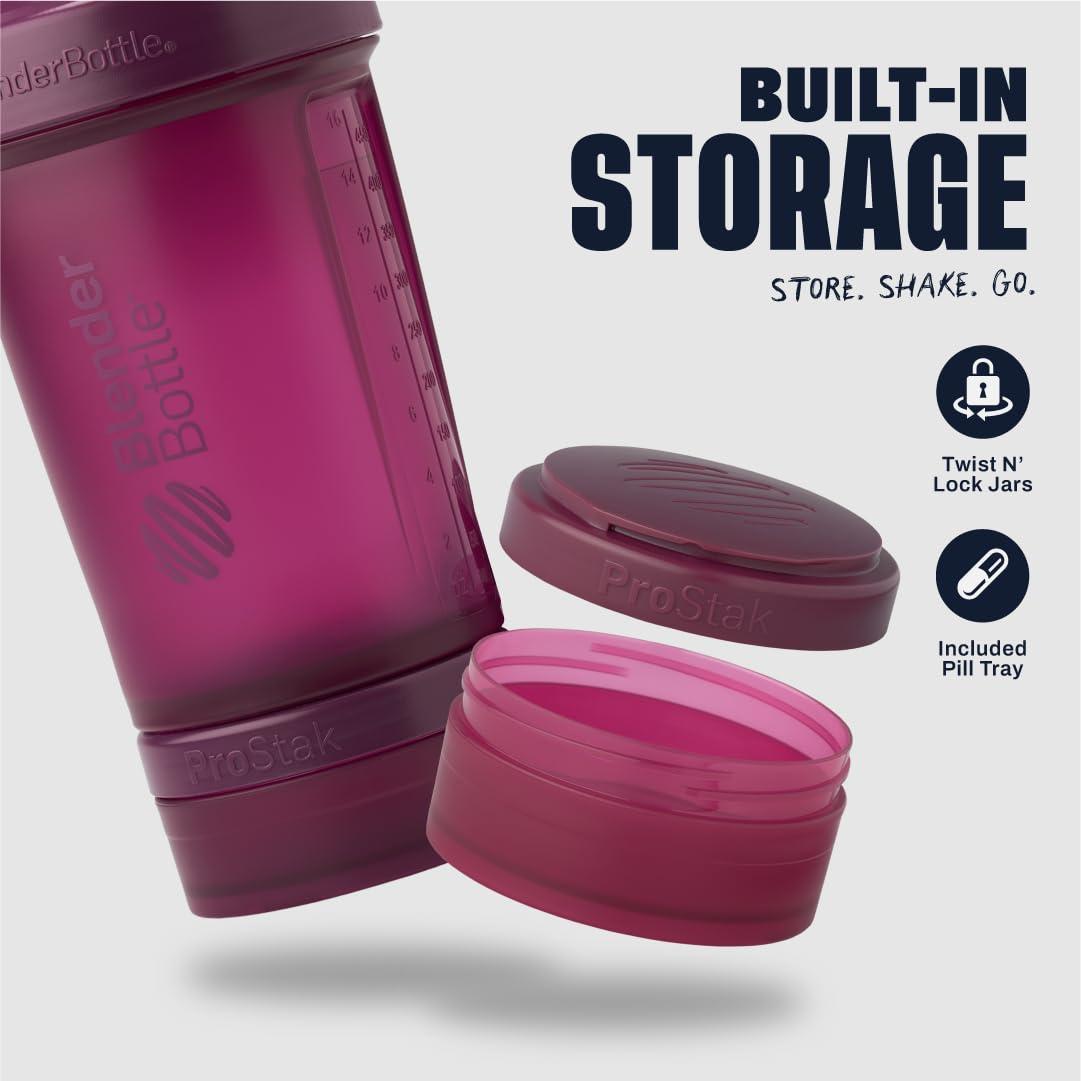 Blender Bottle BlenderBottle Shaker Bottle with Pill Organizer and Storage for Protein Powder, ProStak System, 22-Ounce, Plum