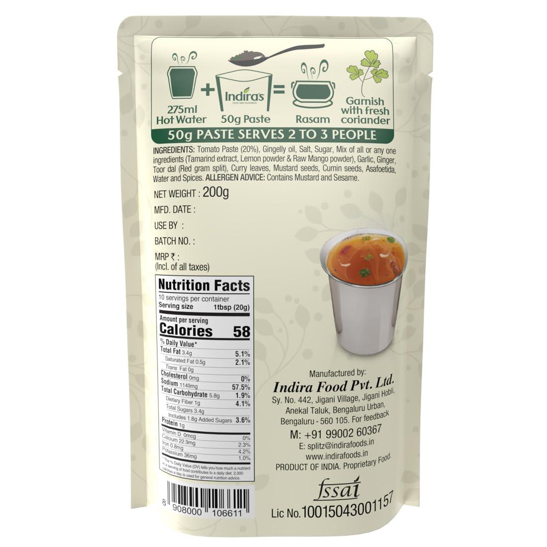 Indira\'s Indira\'s Instant Tomato Rasam Paste, More Flavourful than Rasam Powder Masala Mix, Ready To Eat Rasam, No Need For Cooking - Just Add Hot Water - 200g (Pack of 2)