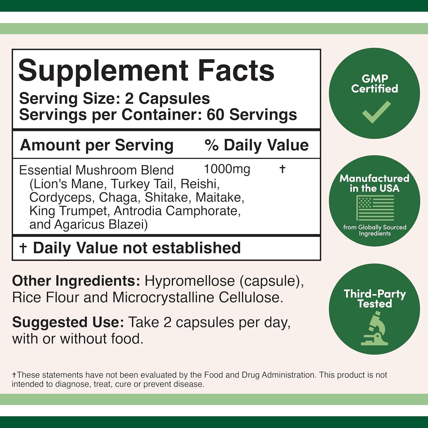 ATHINIKA NUTRITION MUSHROOM BLEND SUPPLEMENT - 1,000MG TOP 10 GROWN MUSHROOMS (LION\'S MANE, REISHI, CORDYCEPS, AND MORE)