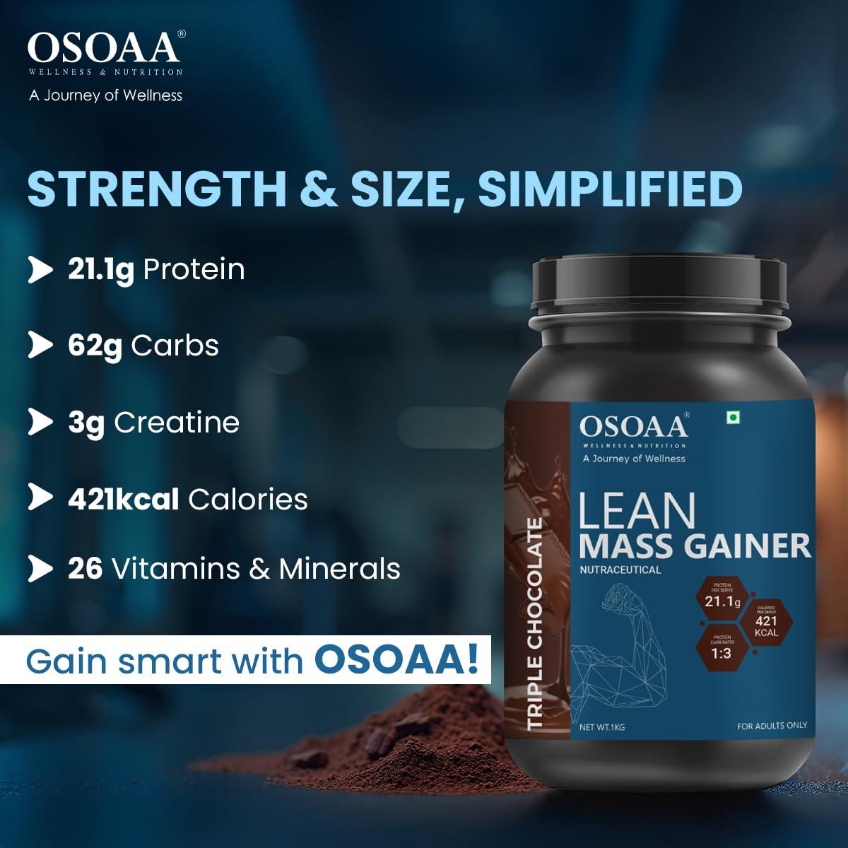 OSOAA OSOAA Lean Mass Gainer 3Kg |(Triple Chocolate) | With 3g Creatine & 21g Protein | 420 Calories & 21G Protein | Added Digestive Enzymes | 28 Added Vitamins