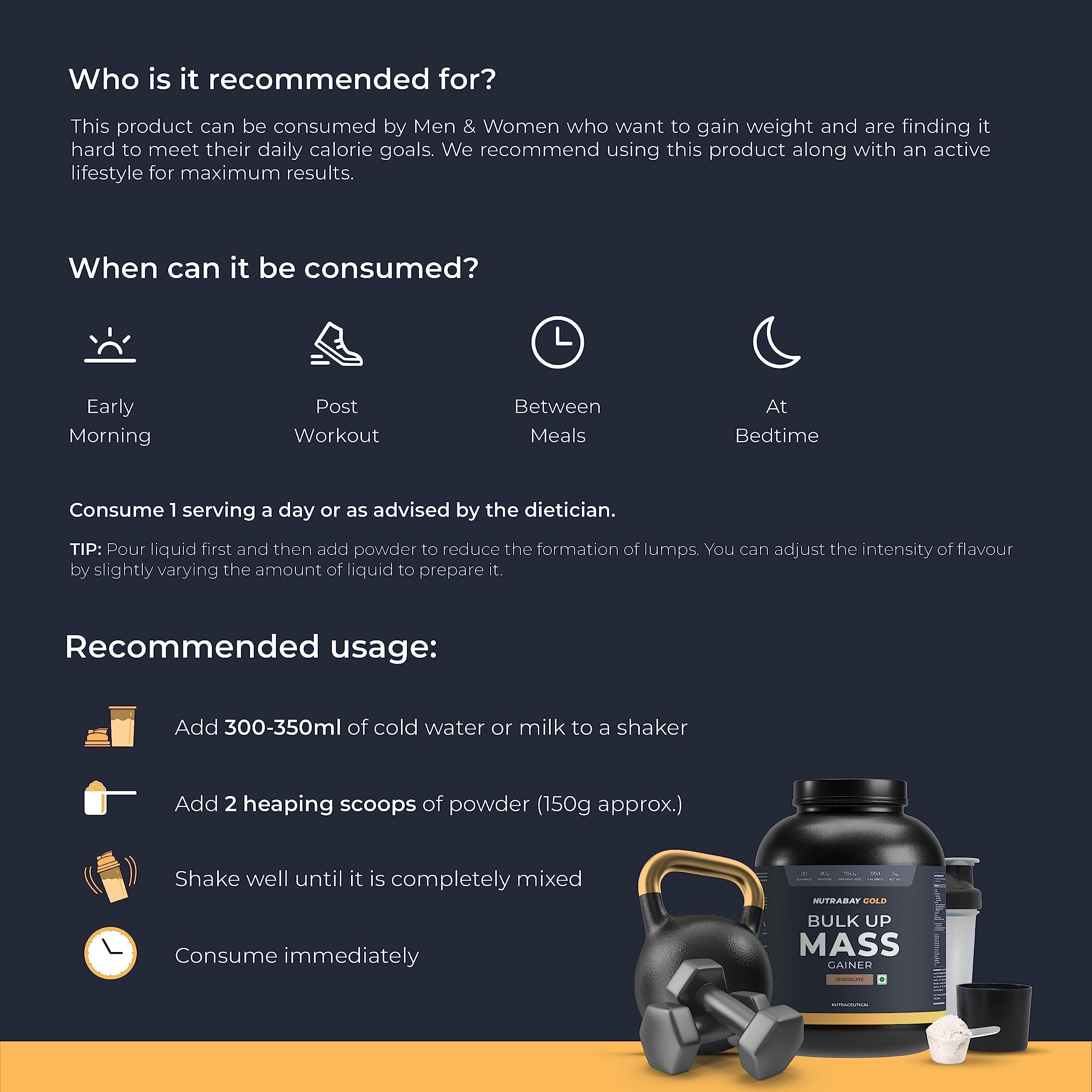 Nutrabay Nutrabay Gold Bulk Up Mass Gainer Powder - 3kg, Chocolate | 30g Protein, 104g Carbs, 554 Calories | Easy to Digest | 100% Veg Muscle Building & Weight Gainer Supplement for Men & Women