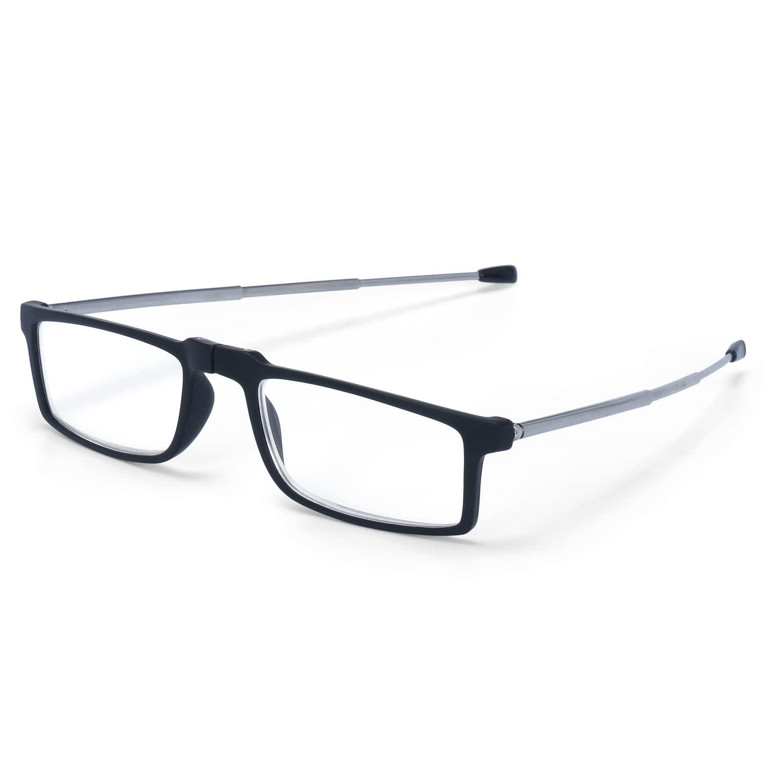 AEC ID Slim Executive5 Rectangular Plastic Foldable Collapsible Antenna Style Temple Reading Eyeglasses With Plastic Hard Case Black 2.00