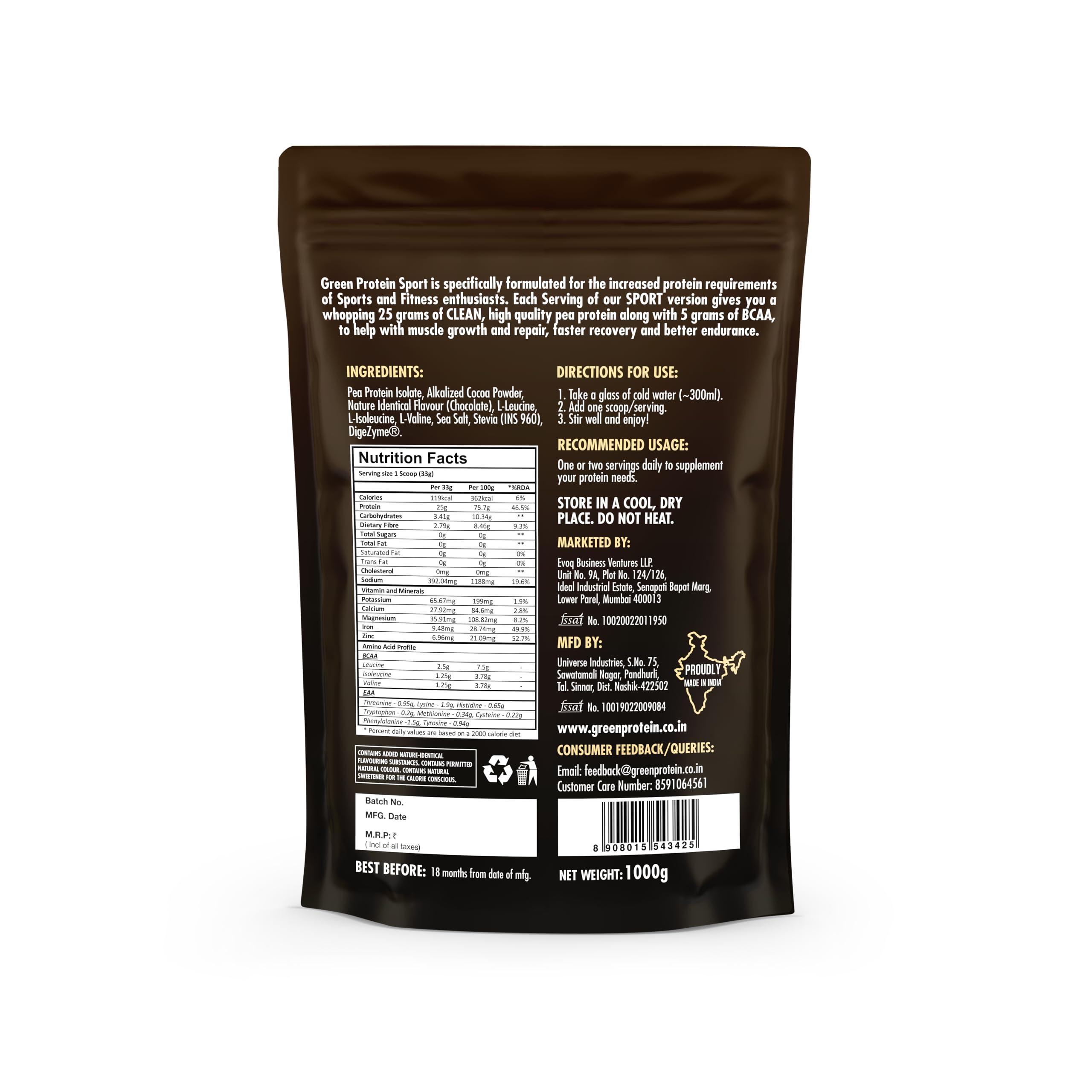 Green Protein GREEN PROTEIN Sport Vegan Plant Pea Protein Isolate Powder, 25gm Protein, 5g BCAA Per Serving, No Added Sugar | Soy Free, Dairy Free, Gluten Free, Allergen Free, Chocolate Flavor, 1kg