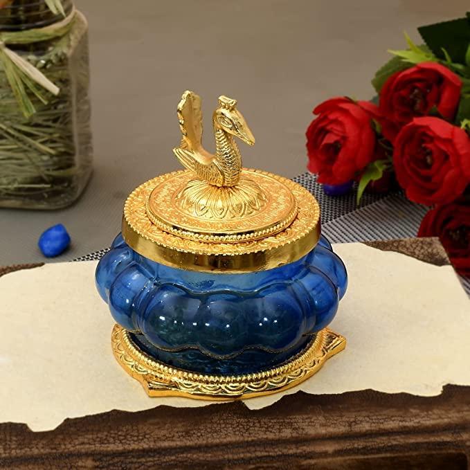 Piepot Piepot Akshaya kubera Lakshmi Pot toughened Glass Pooja Articles-Gold Plated Green Coloured Kubera Pot (BLUE Kubera pot)