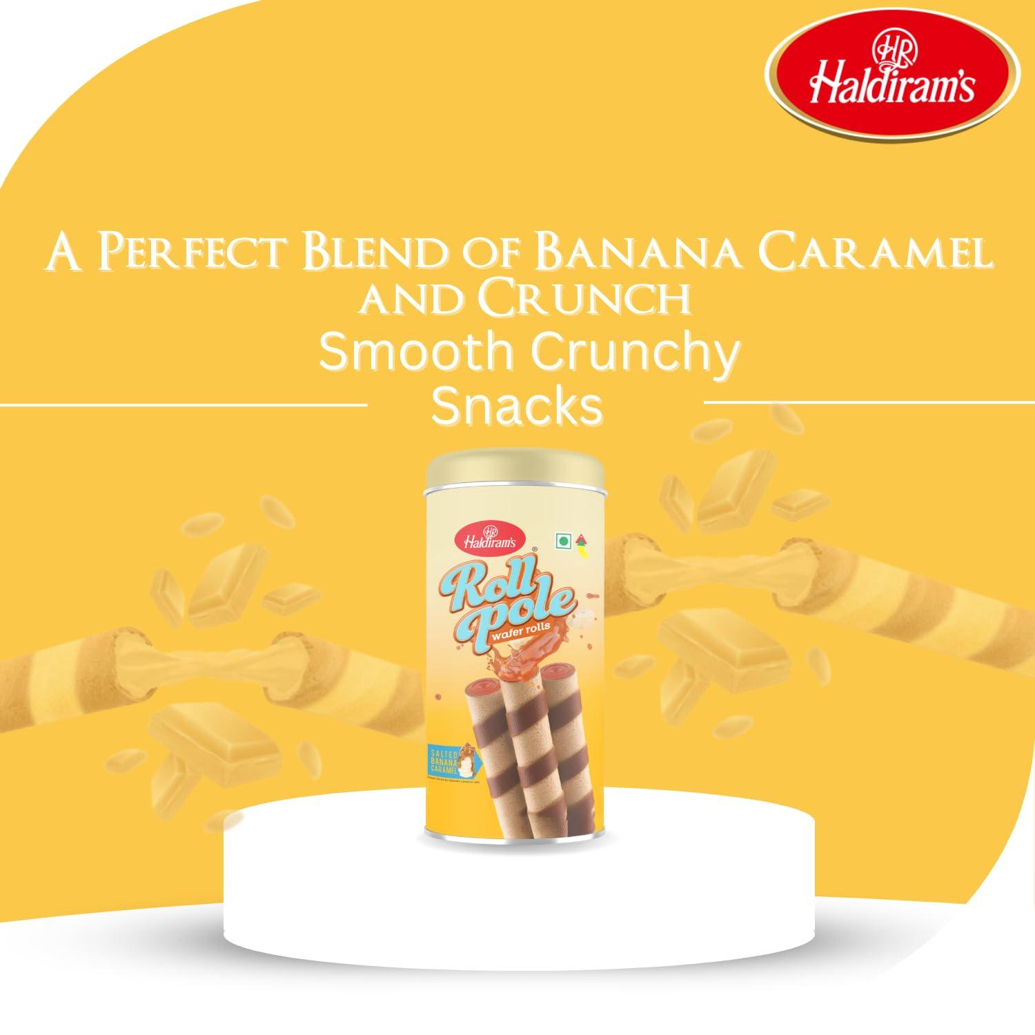 Haldiram's Haldiram\'s Roll Pole Salted Banana Caramel 150gm | Wafer Roll Sticks | Smooth Crunchy Snacks | Crackers | Sweet Treats for Kids | Rich and Creamy | Ready to Eat Snacks | Sweet Dessert