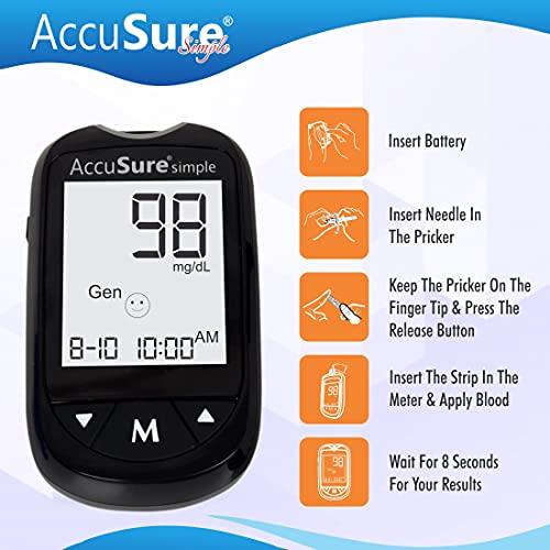 AccuSure AccuSure Instant Digital Simple Glucometer Kit | With 25 + 100(Additional) Strips,10 Lancet,1 Lancing device for Accurate Blood Glucose Sugar Testing Machine