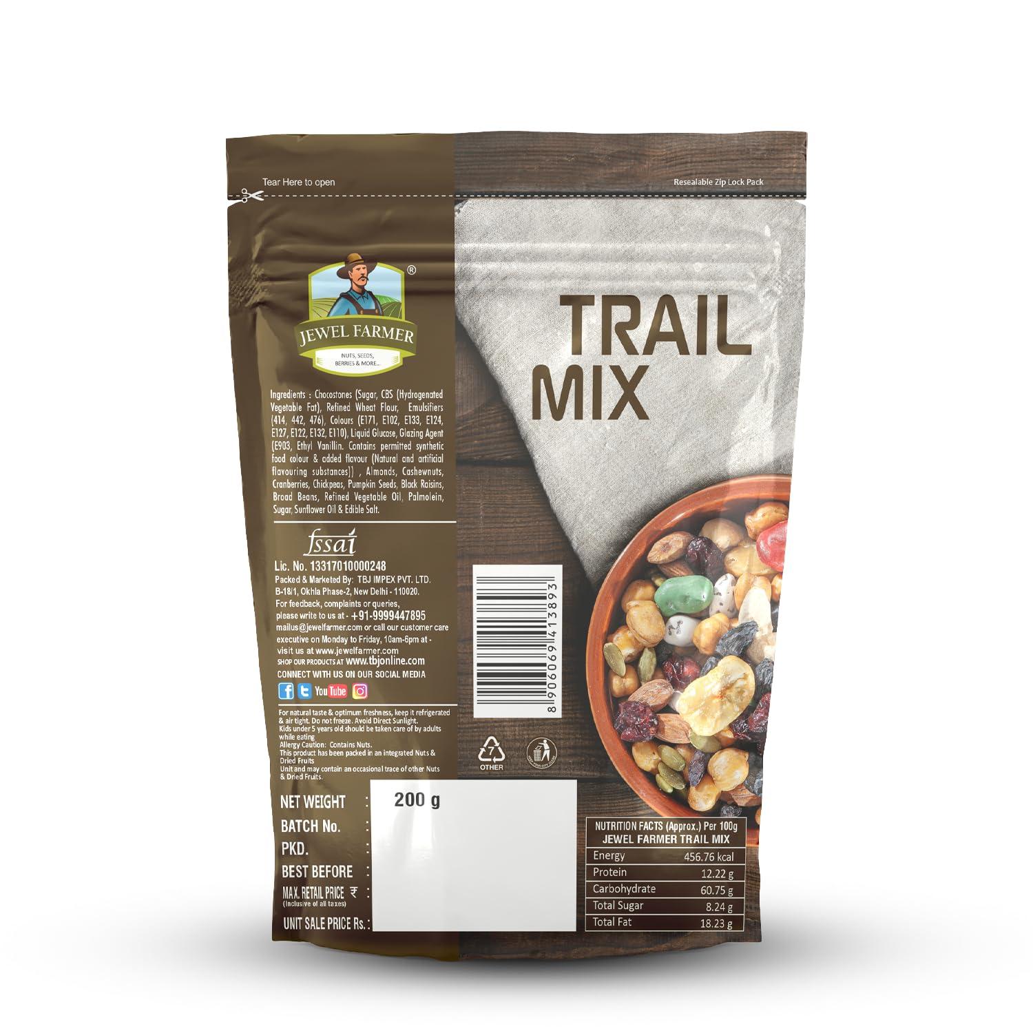 JEWEL FARMER JEWEL FARMER Trail Mix with Chocostones, Almonds, Cashewnuts, Cranberries, Chickpeas, Pumpkin Seeds, Black Raisins, Broad Beans, Sugar, Sunflower Oil & Edible Salt (200g)