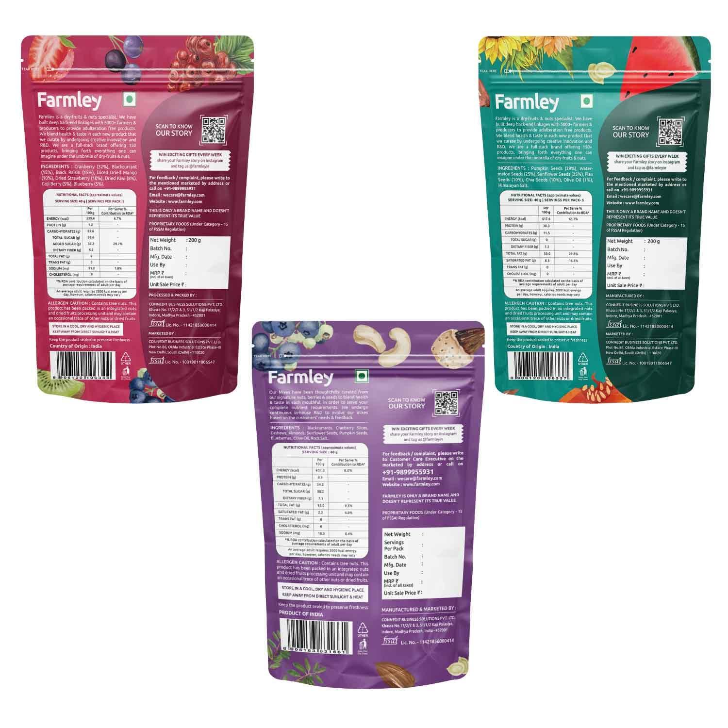 Farmley Farmley Trail Mix Dry Fruits 200g | Dried Berry Mix 200g | Protein Rich Seed Mix 200g | Total 600g | Mix Dry Fruit Snack Combo