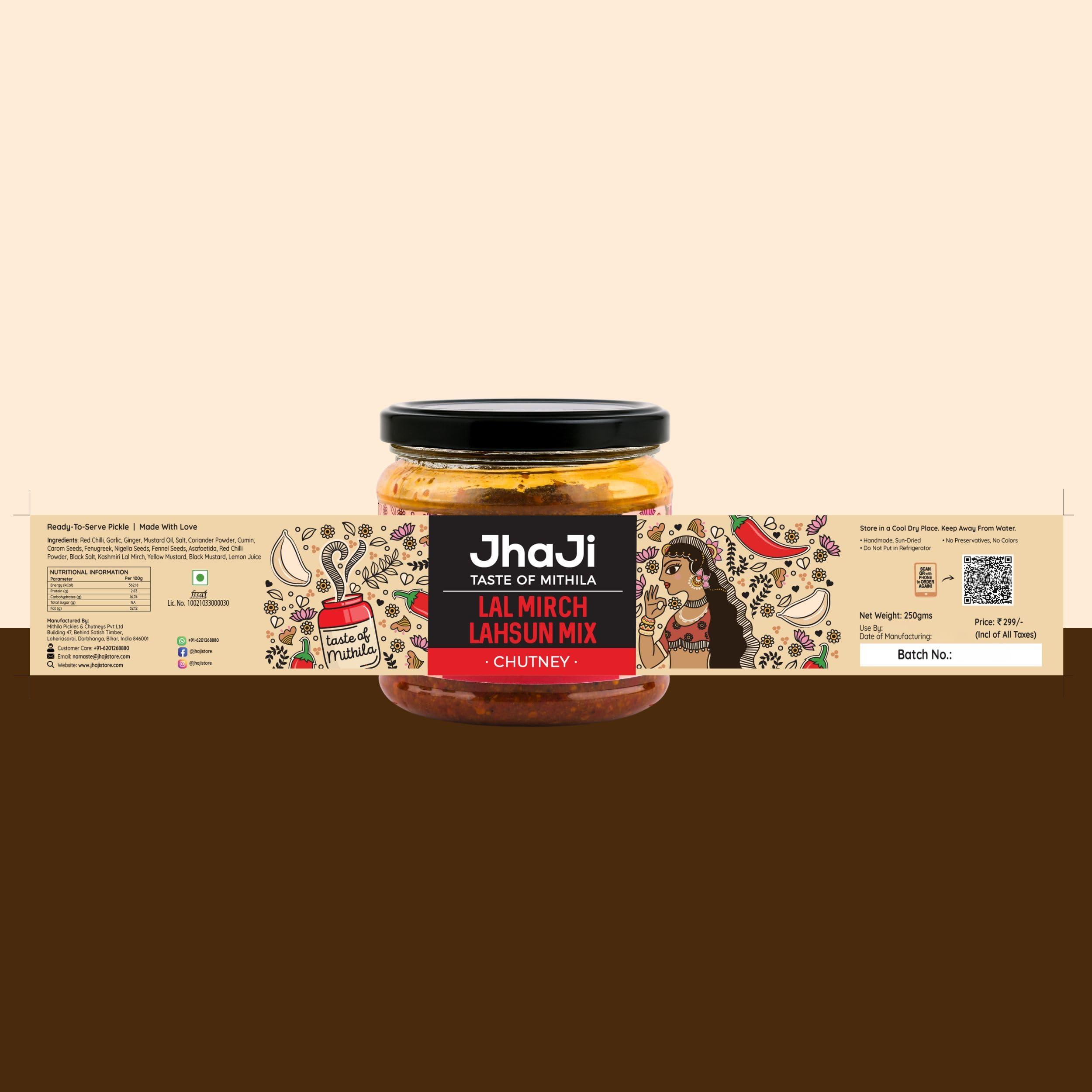 JhaJi - Taste of Mithila JhaJi - Taste of Mithila Store\'s Lal Mirch Lahsun Chutney | Bihari Style Homemade| Tangy, Spicy, Sour and Chatpata |Chopped Banarasi Lal Mirch | Sun-Dried. No Artificial Preservatives & Colors - 250g