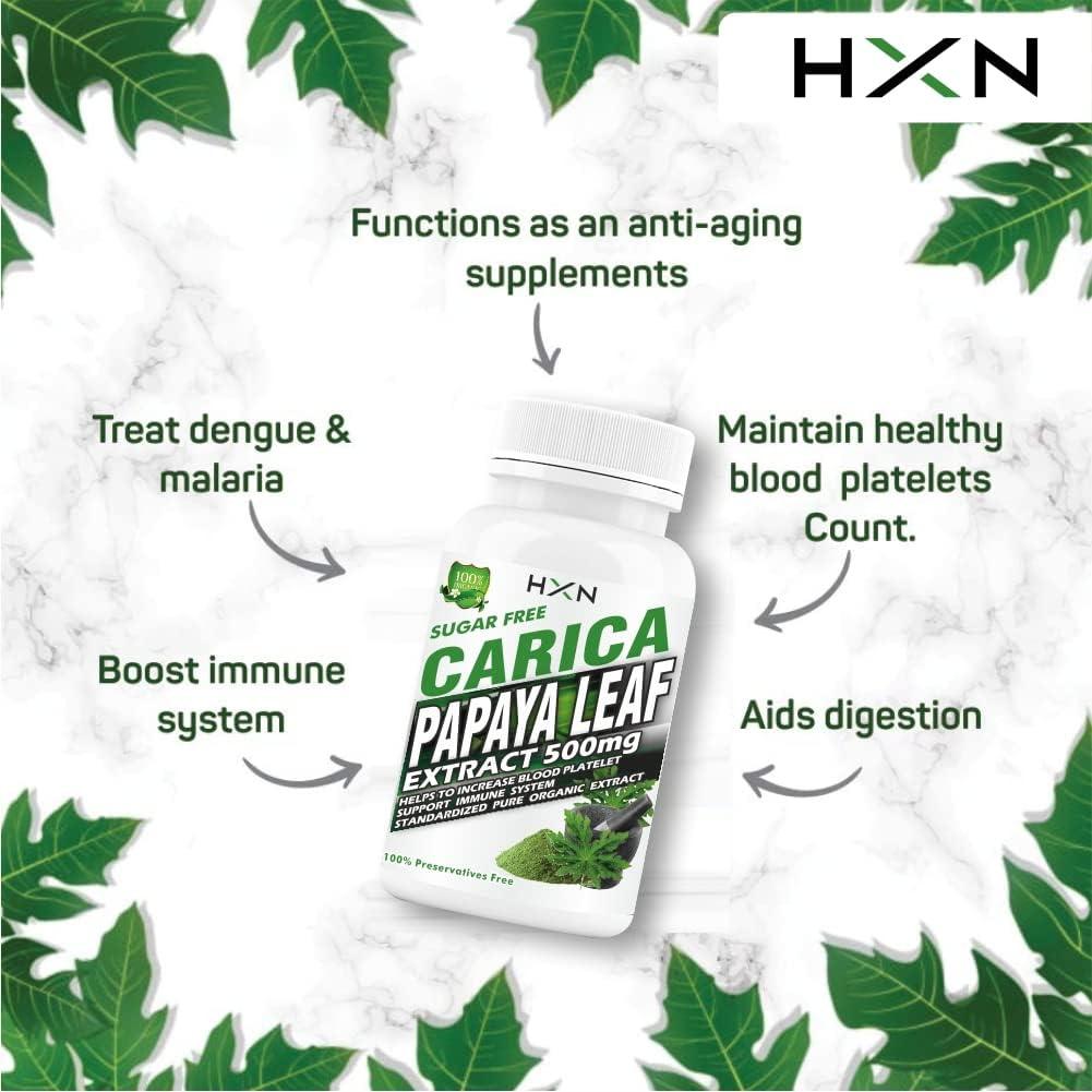 HXN HXN Papaya Leaf Extract For Platelets Count Boosting Support, Papaya Leaf Juice Powder 500mg Organic Extract -60 Tablet (Pack 1)