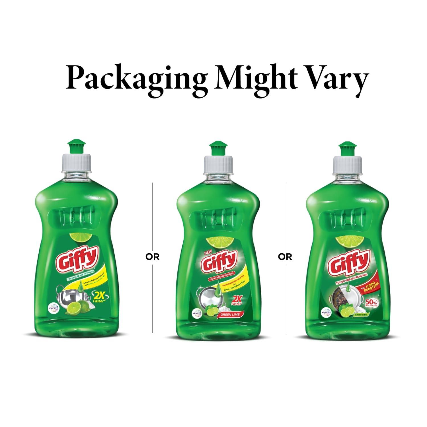 Giffy Giffy Concentrated Liquid Dish Wash Gel 500ml Pack of 2 with Active Salt & Lime| 2x Faster Tough Grease Removal & Mild Fragrance| Removes Tough Malodour| Leaves No White Residue| Hand-Safe