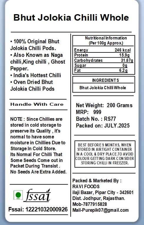 PURE PIK Pure Pik Bhut Jolokia Chilli | Ghost Pepper | Hottest Naga King Chilli (Oven Dried) (Organically Grown) 200 Grams (180 Chilli Pods )Fire up any dish with a dash of this chilli