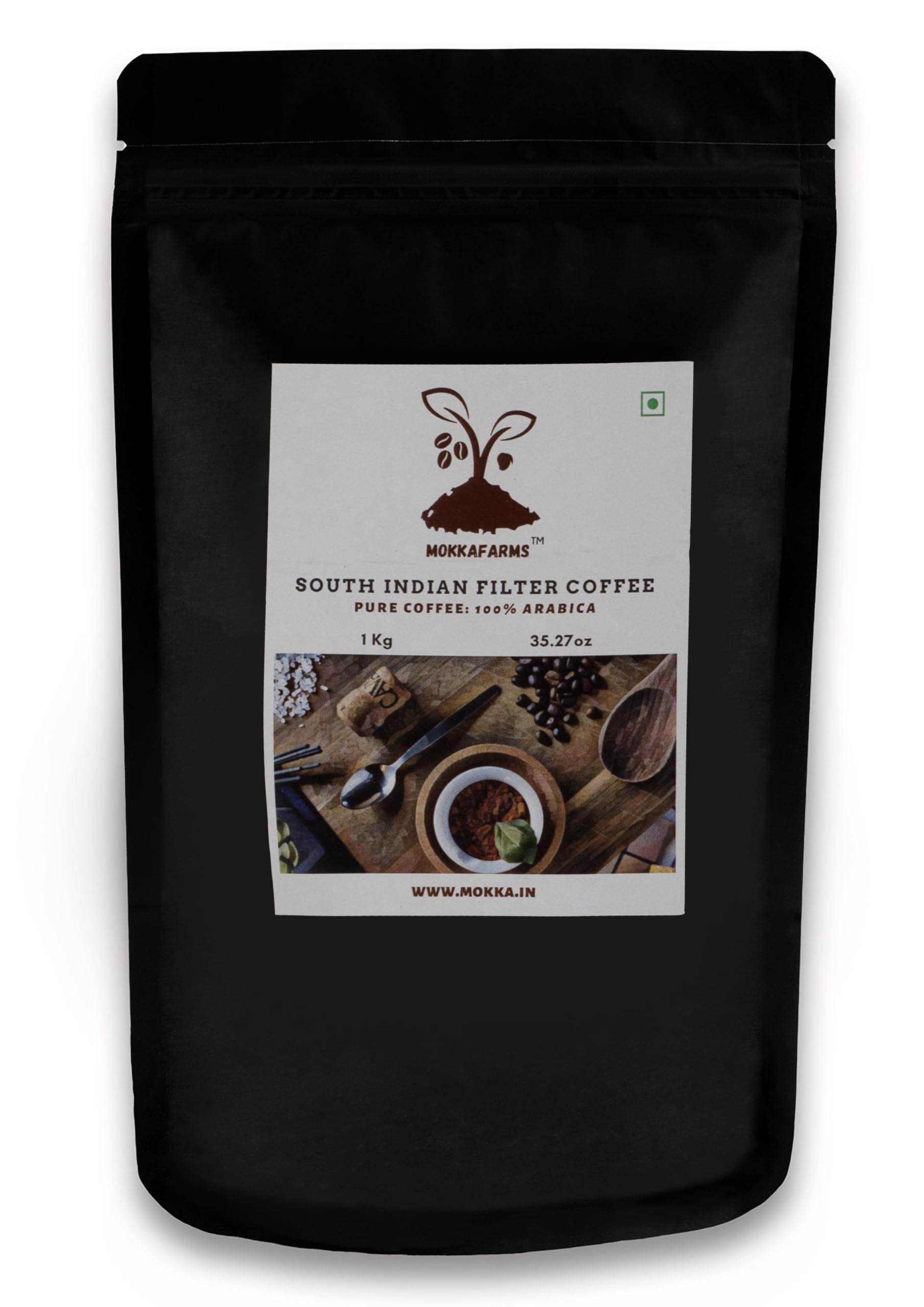 MOKKAFARMS MokkaFarms Traditional South Indian Filter Coffee - 100% Pure Arabica 1 Kg | 0% Chicory | Fresh Roast & Ground, Pure, Rich, Flavor, Aroma | Farm to Fork, Estate Coffee | One-way Valve Zip-lock Bag |