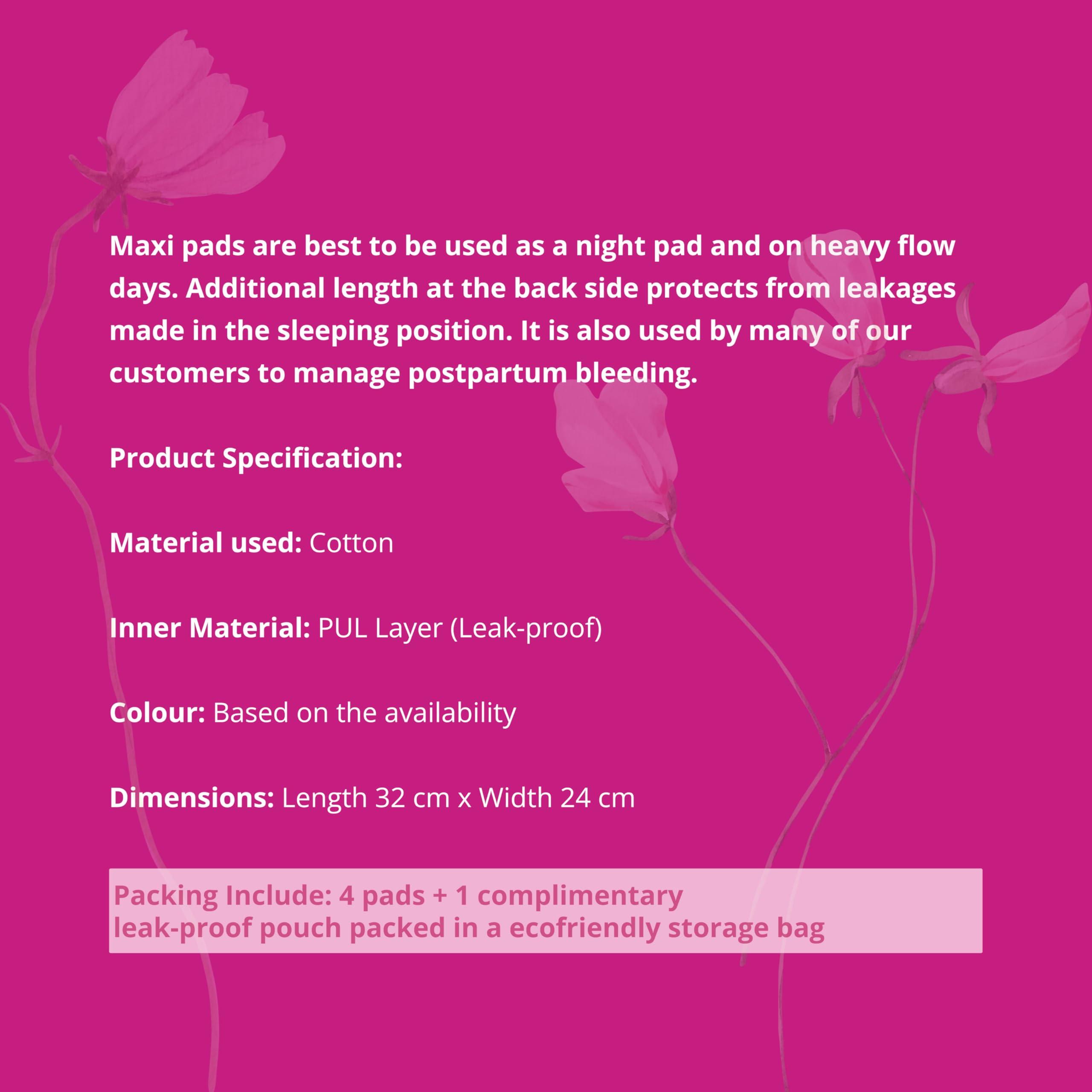 GIOCARE REUSABLE CLOTHPADS GIOCARE Reusable Cloth Pads | Women's Cotton Cloth Pad | Washable Maxi Cloth Period Napkin | Cloths Sanitary Napkins | Eco-friendly Periods Pads | Heavy Flow & Leak Proof Hygiene Protection | Pack-4