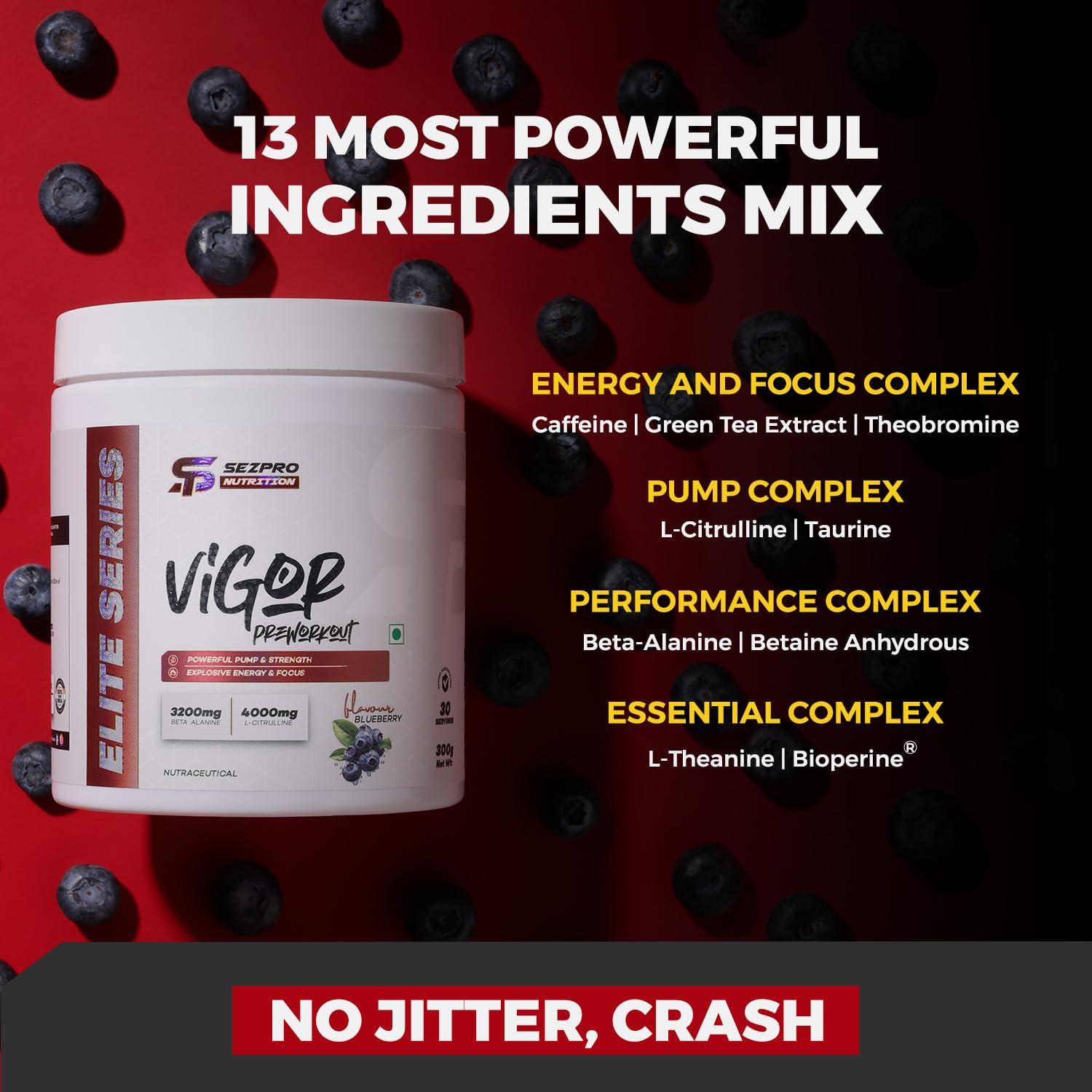 Sezpro Nutrition Sezpro Nutrition Vigor Pre Workout | 300gm | 30 Servings | 300mg Caffeine | 200mg Theanine | 3200mg Beta Alanine | 4000mg Citrulline | Powerful Pump & Strength | Explosive Energy & Focus (Watermelon)