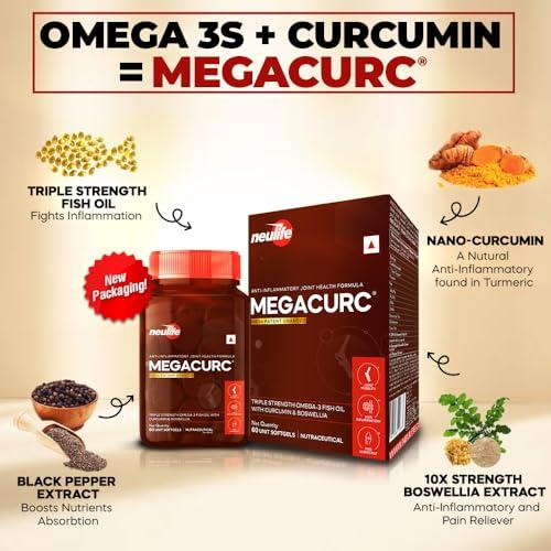VITROVEA VITROVEA Neulife MEGACURC Nano-Curcumin + Triple Strength Fish Oil with 10X Boswellia Power - Advanced Joint Support - High Absorption Formula - 60 Softgels - Omega 3, Anti-Inflammatory Supplement