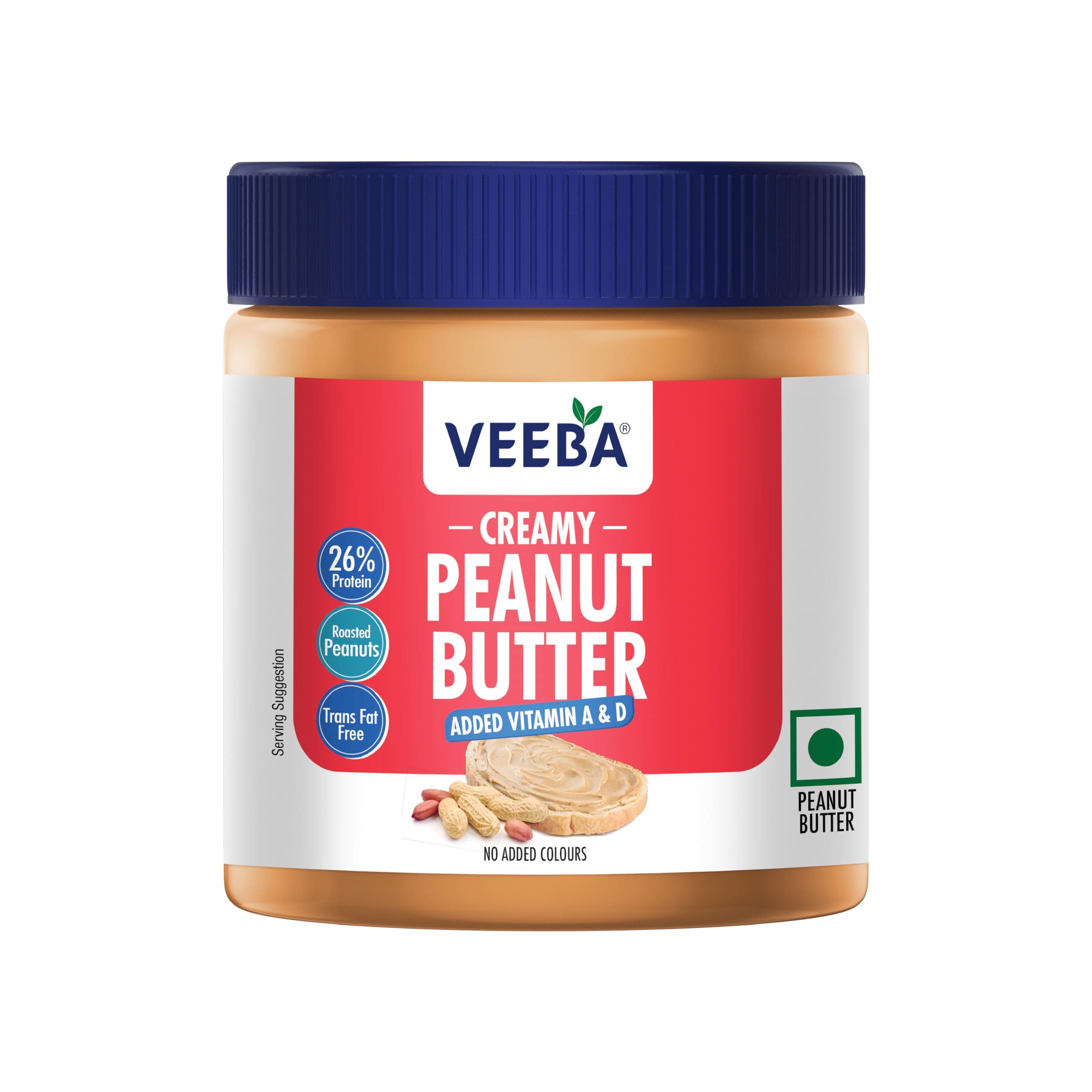 VEEBA Veeba Peanut Butter Creamy | Smooth | High Protein | Naturally Gluten Free | Vegan | Trans Fat Free | No Added Preservatives | Added Calcium, Iron, Vitamin A & D | No Added Colour & Flavour | Non GMO | 340 g