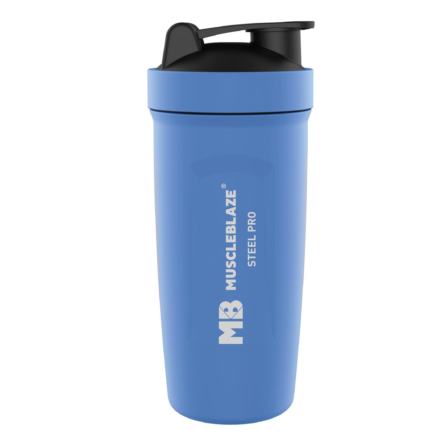 MuscleBlaze MuscleBlaze Steel Shaker 750 ml with Steel Whisk, Leakproof Gym Shaker Bottle for Supplements, Blizzard Blue