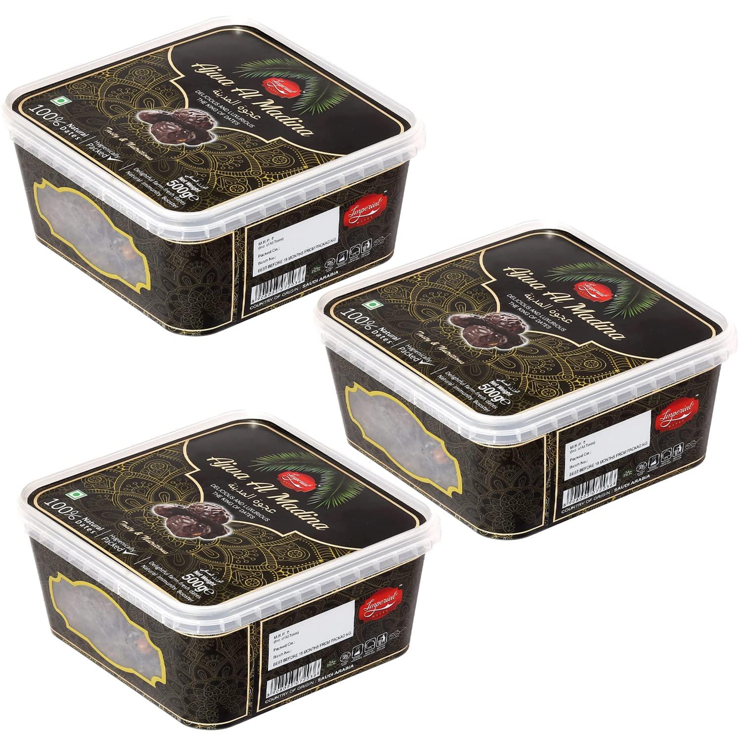 IMPERIAL IMPERIAL AJWA AL MADINA DATES | AJWA AL-SAUDI DATES | AJWA KHAJOOR | AJWA KHAJUR | SAUDI ARABIA DATES | ORIGINAL AJWA DATES | BLACK KHAJOOR | BLACK DATES | IMPORTED DATES | 1.5 Kg (500g x 3 Pcks))
