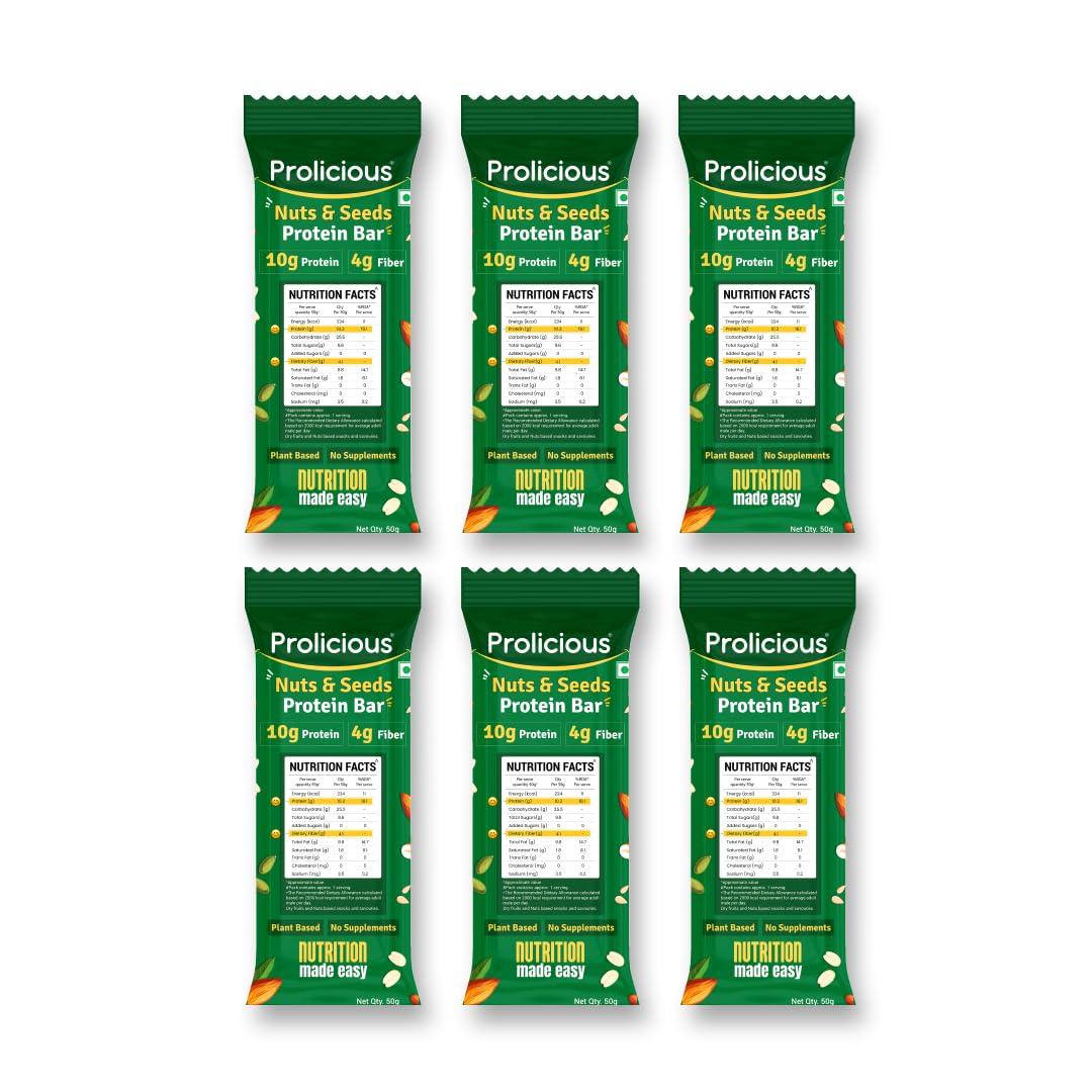 Prolicious Prolicious Nuts & Seeds Bar | 10 grams Protein & 4 grams Fiber | No Refined Sugar | Plant Based | Natural Ingredients | Pack of 6, 50 grams each