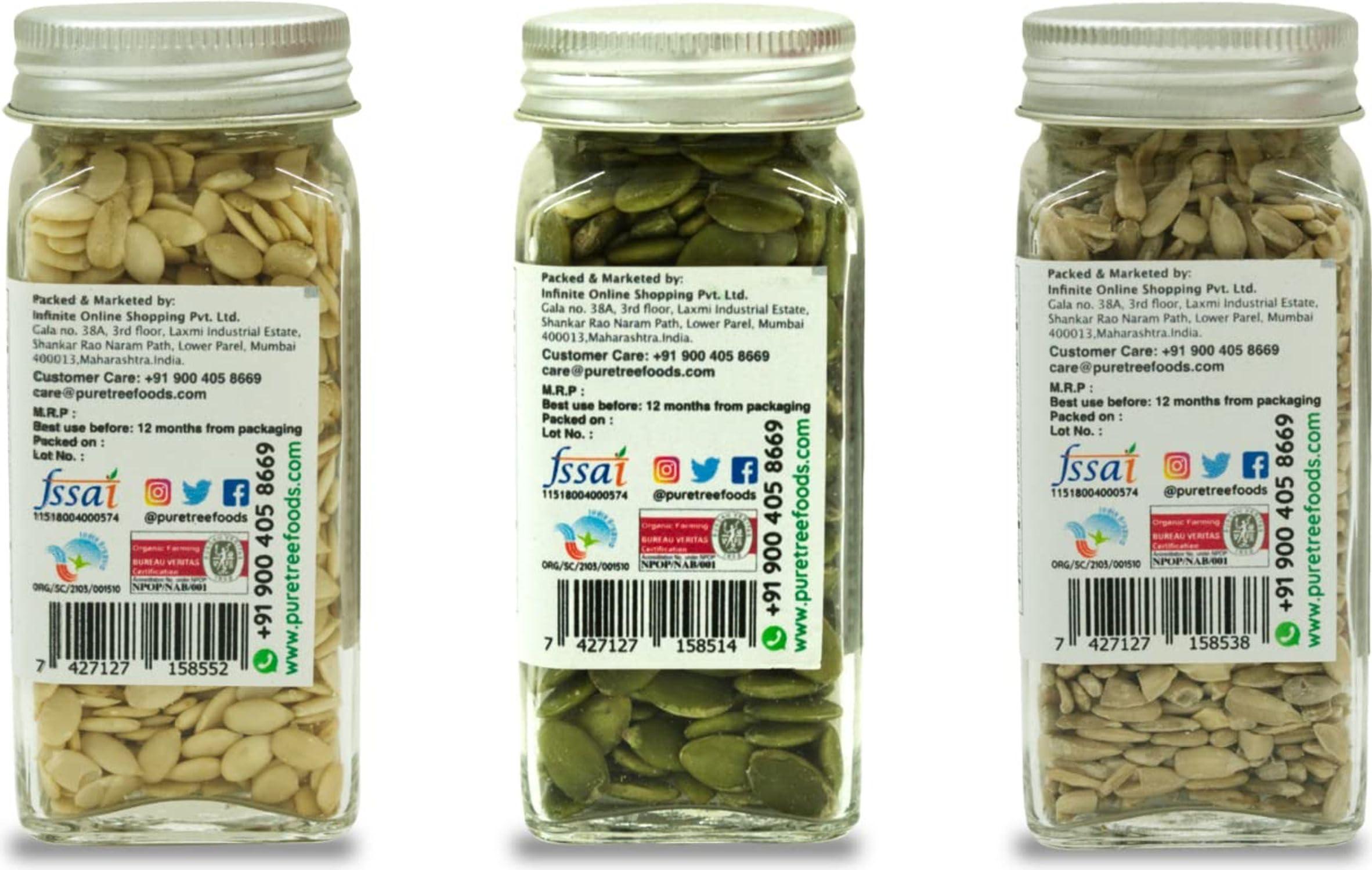 Pure Tree Pure Tree Certified Organic Pumpkin Seeds, Sunflower Seeds, Watermelon Seeds | 75 g Each | Glass Jar | Surajmukhi ke beej, Magaj Seeds, Kaddu Ke Beej, Mix Seeds For Eating | Raw Healthy Seeds Combo Pack