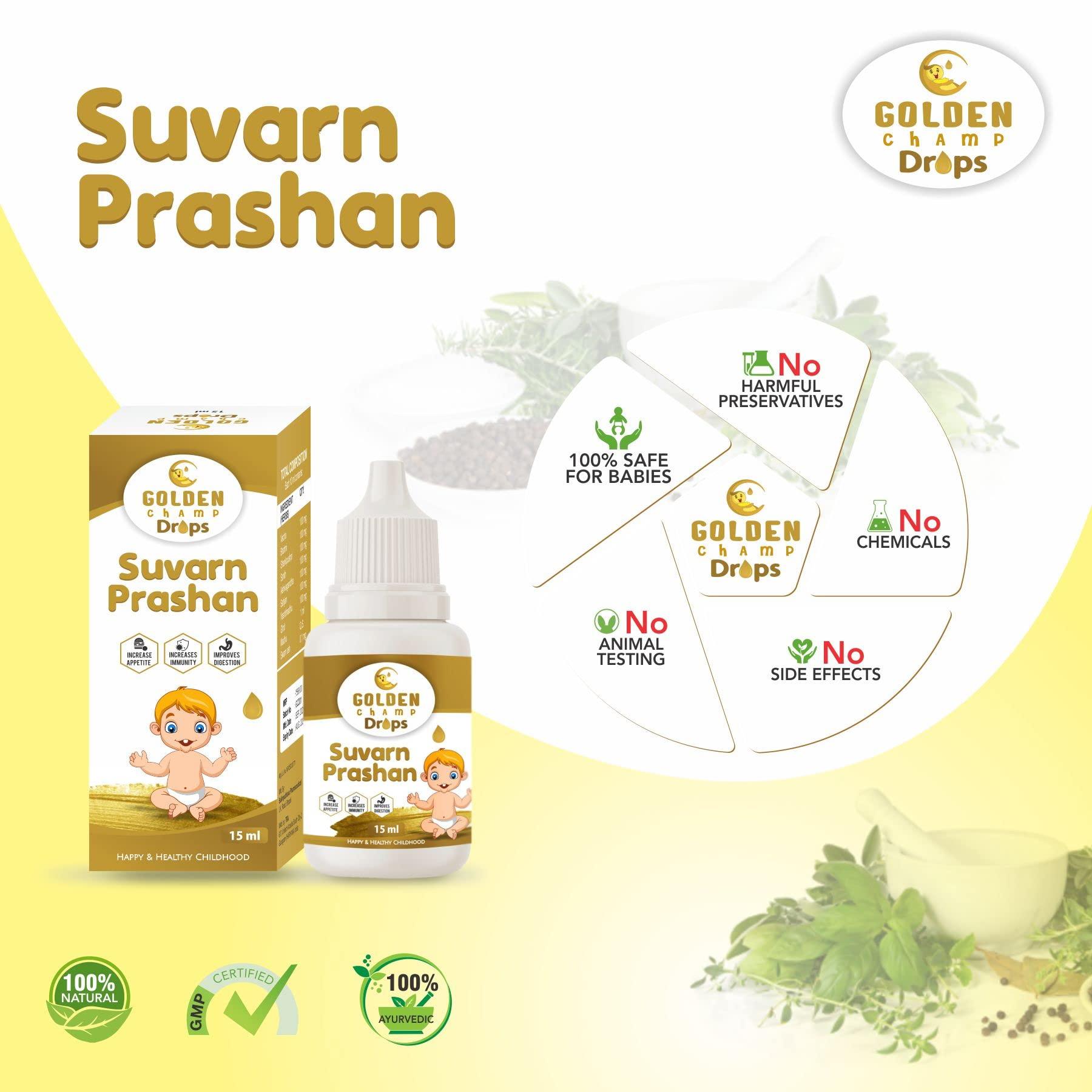 Golden Champ Drops Golden Champ Drops Swarna prashana drops with Gold Ash | Swarna Prashan | Suvarnaprashan drop for Children Ayurvedic Immunity Booster for Kids (15 ml) (GMP Certified & Ayush Approved).