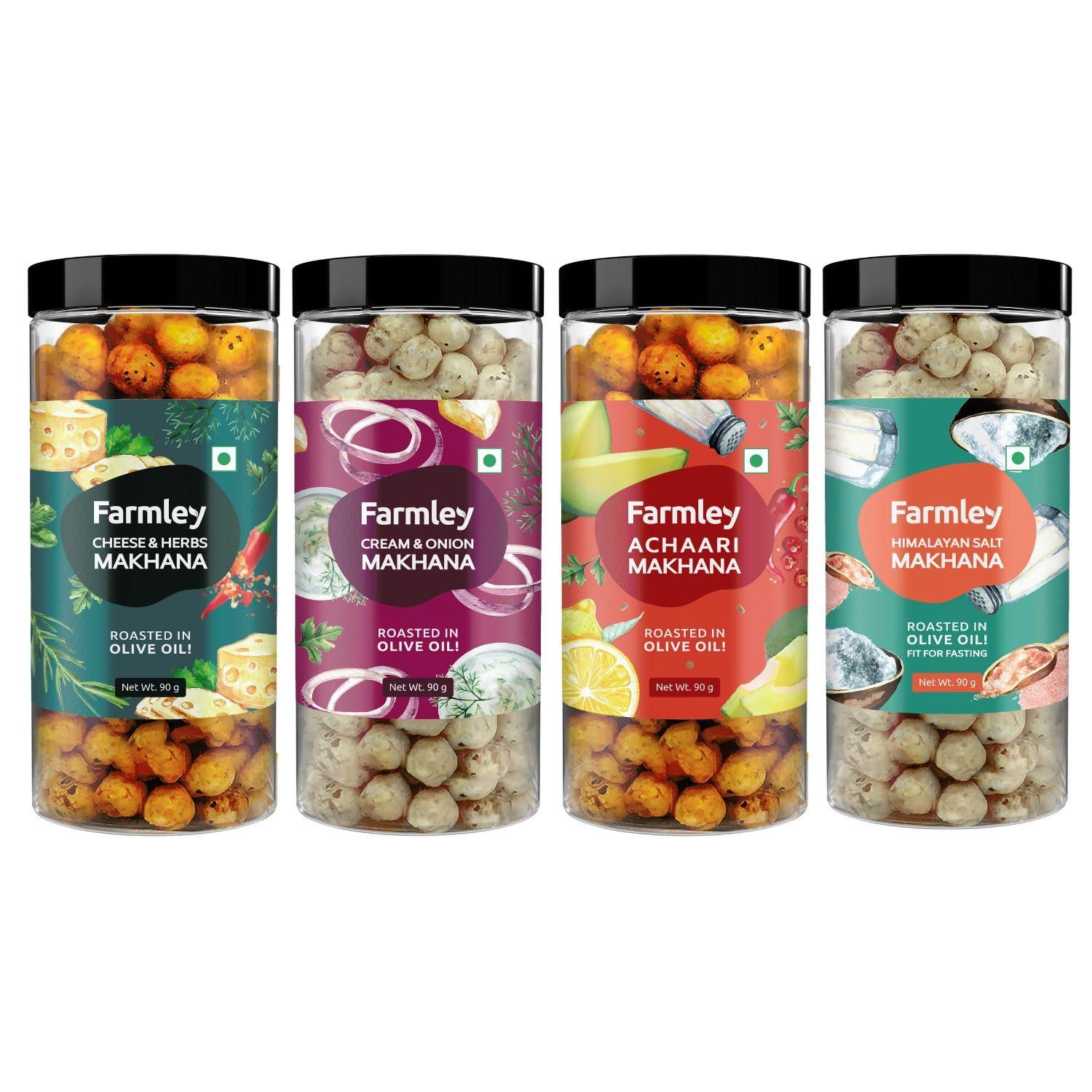 Farmley Farmley Flavoured Roasted Makhana I 332 gram I Healthy Party, Namkeen Snacks, Puffed Snacks Cheese N Herbs, Achari, Himalayan Salt, Cream & Onion (Pack of 4, 83 g Each)