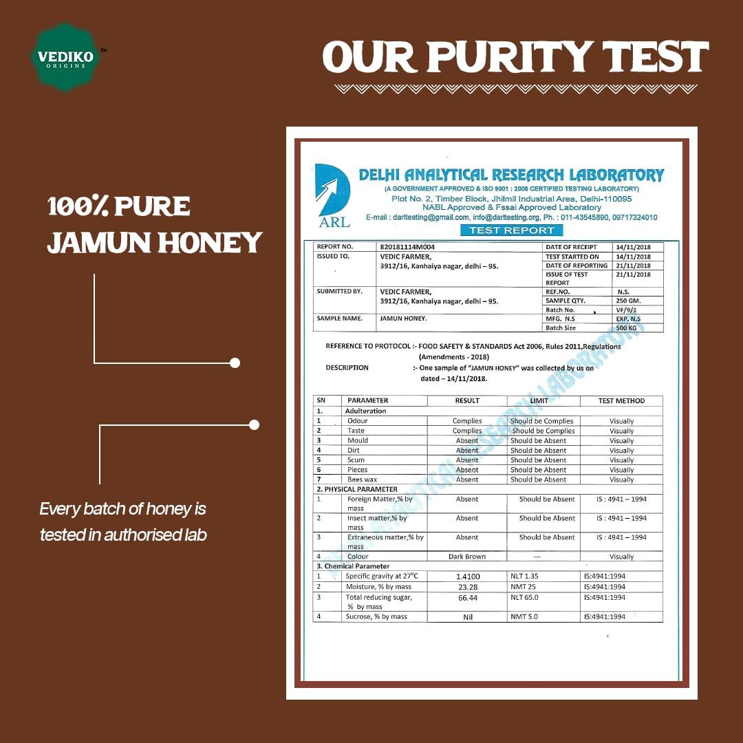 Vediko Origins Vediko Organic Farm Fresh Raw Jamun Honey (700GM) 100% Pure & Natural Unprocessed Single Origin Original Honey from Jamun Farms | Rich in Antioxidants | Chemical Free, No Sugar, No Adulteration