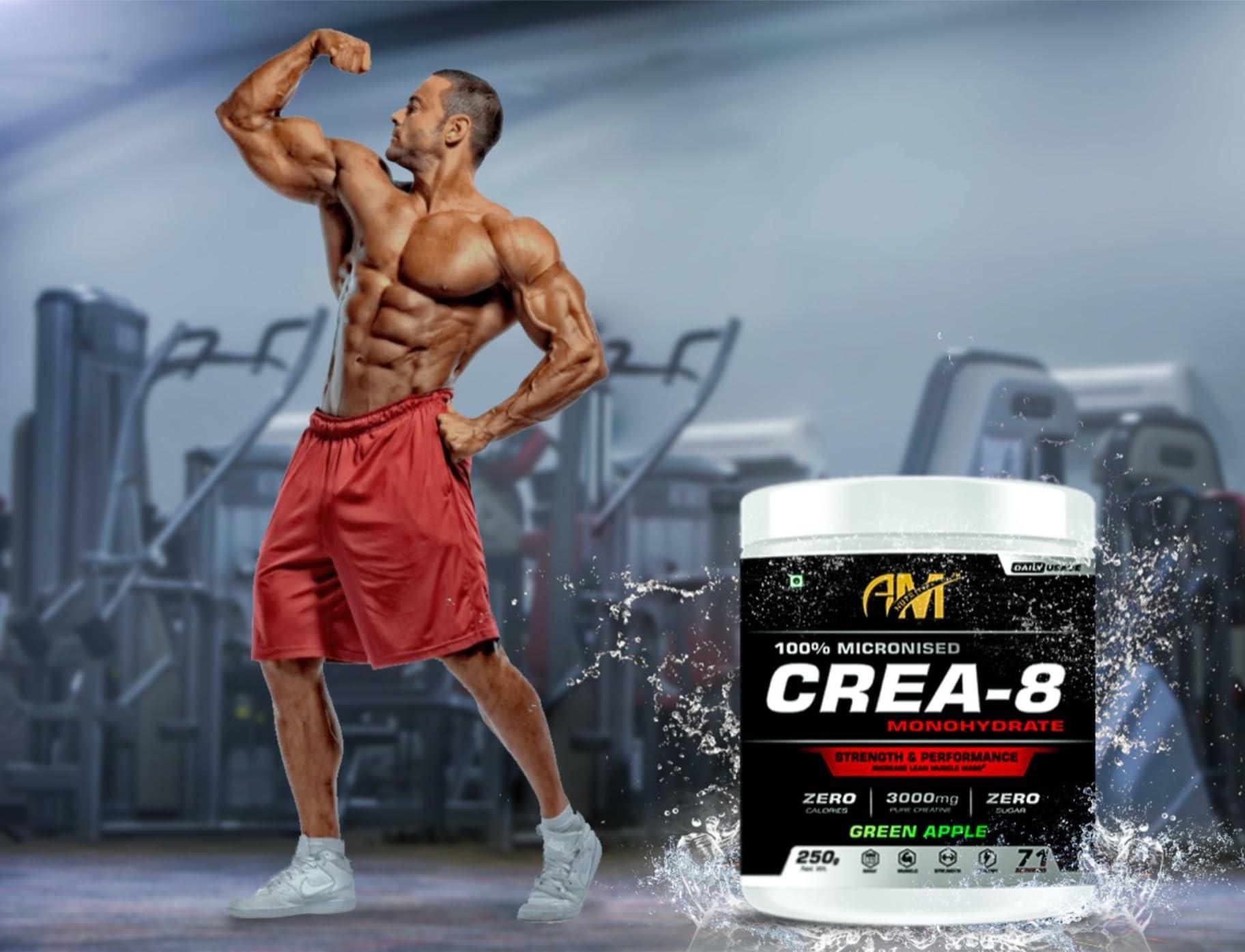 AM NUTRITION AM NUTRITION CREA-8 Monohydrate Creatine Powder |100% Creatine, 3000mg per serve | Supports Athletic Performance & Power | Green Apple Flavored, 71 Servings (250gm Pack)