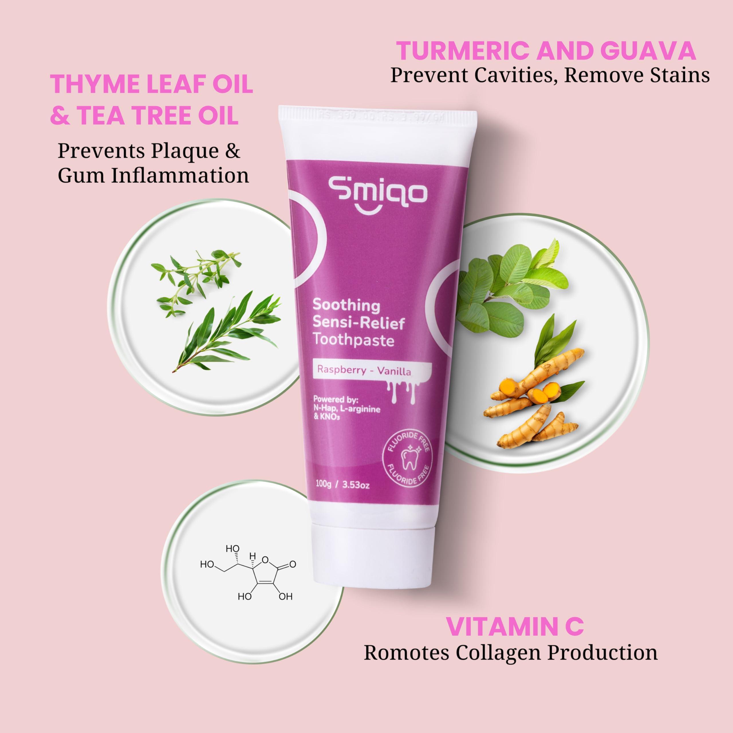 Smiqo Smiqo Sensi Relief Toothpaste - 100g | Instant Sensitivity Relief | Raspberry-Vanilla Delight | Advanced Formula with N-Hap, L-Arginine, and Potassium Nitrate | Fights Plaque & Cavities | Freshens Breath | SLS-Free | No Harsh Chemicals