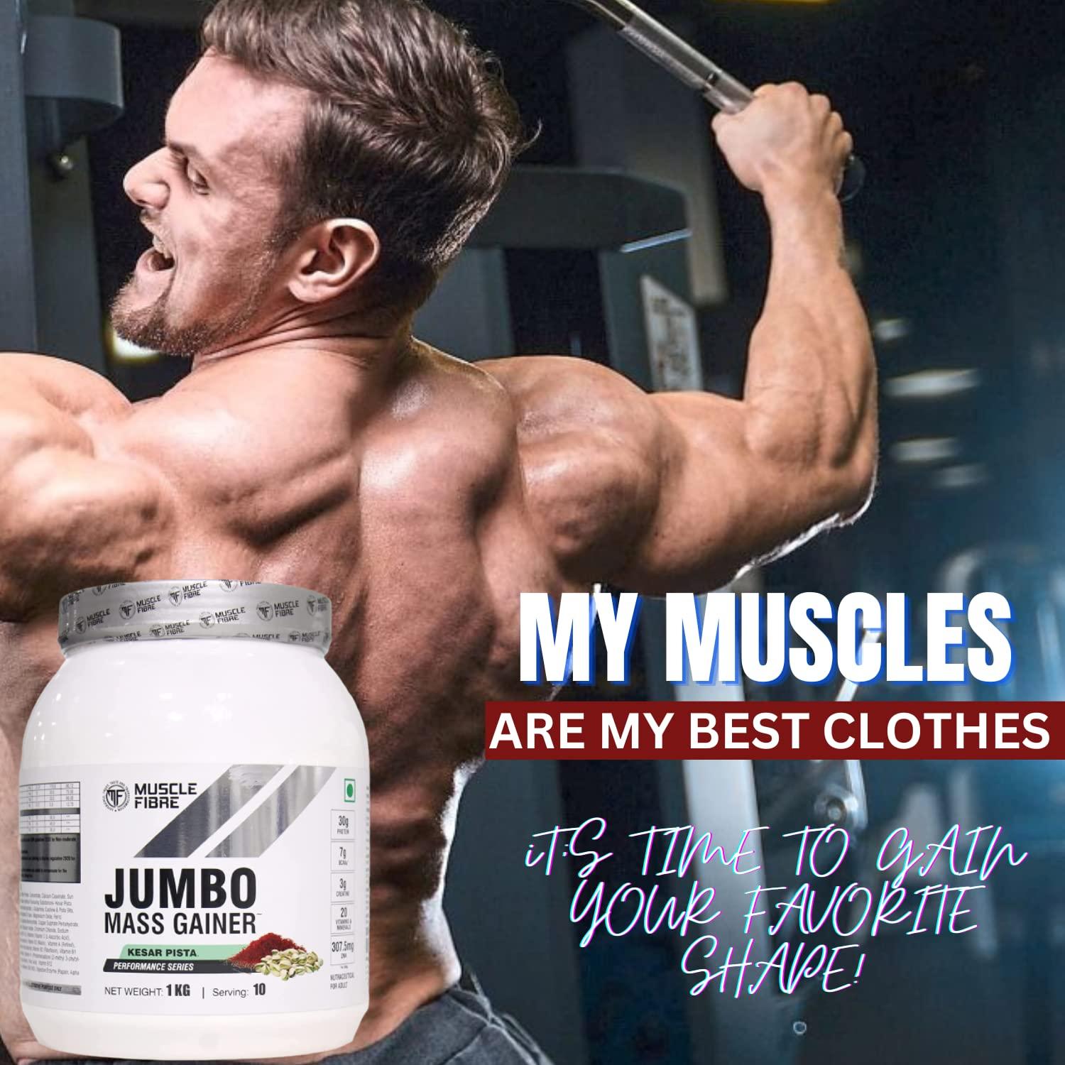 MF MUSCLE FIBRE Muscle Fibre Jumbo Mass Gainer | 1 Kg | Healthy Body Gains | Reduces Muscle Breakdown | Increases Energy & Endurance | 30g Protein | 205g Carbs | 1057 Cal | Kesar Pista