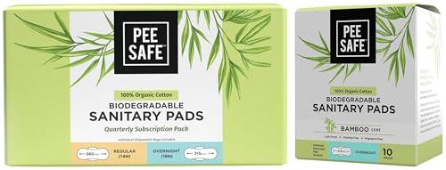 PEESAFE Pee Safe Organic Cotton Biodegradable Sanitary Pads, Quarterly Pack (Pack Of 14 Regular & 18 Overnight Pads) & PEESAFE Organic Cotton Biodegradable Sanitary Pads, Overnight Anti-Bacterial Pack Of 10
