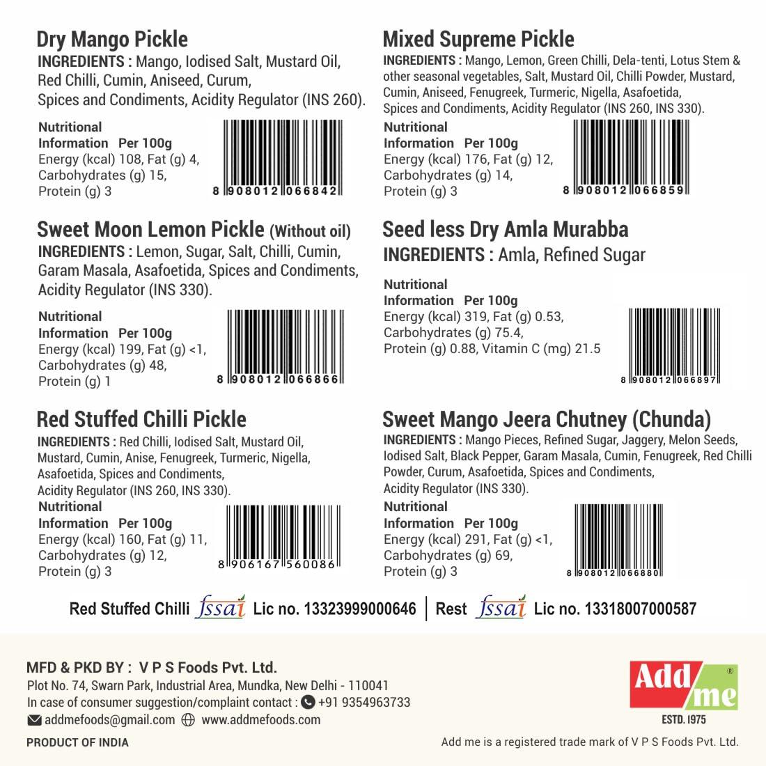 Add me Add me Combo Pickle Pack 6 In 1 Dry Mango Achar 150Gm + Mixed Pickles 200Gm + Amla Murabba 200Gm + Sweet Lemon Pickle 200Gm + Lal Mirchi Ka Achar 200Gm + Sweet Mango Jeera Chutney 200Gm Glass Jar