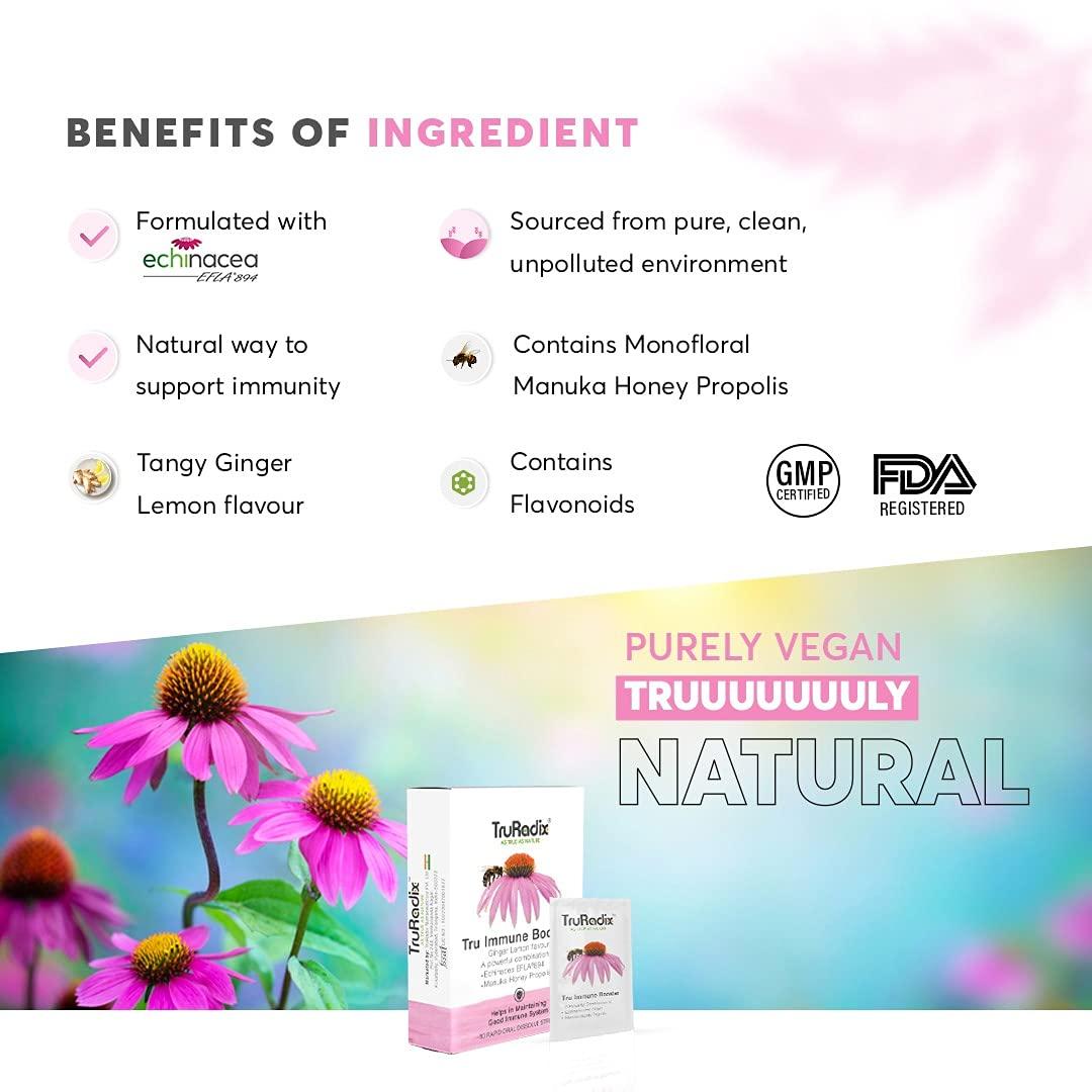 TruRadix ; AS TRUE AS NATURE TruRadix Immune Support Antioxidant Supplement Strips  Manuka Honey Propolis and Echinacea Immunity Booster  Pleasant Ginger Lemon Flavor (Pack of 3  60 Rapid Oral Dissolve Strips)