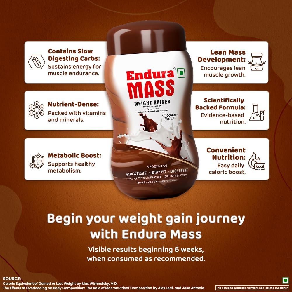 Endura Endura Mass Weight Gainer Powder| Mass Gainer | Gain Weight, Post Workout, 74 g Carbohydrate, 15 g Protein, Healthy Fats (Chocolate, 1 Kg)